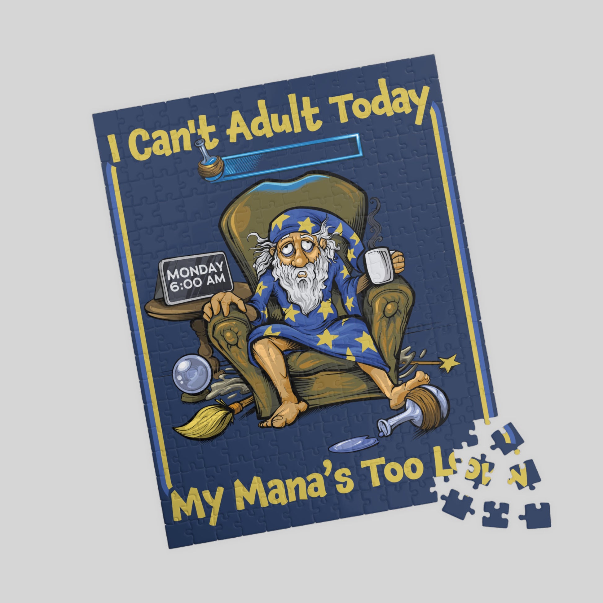 Jigsaw puzzle with a wizard design and humorous text on a gray background