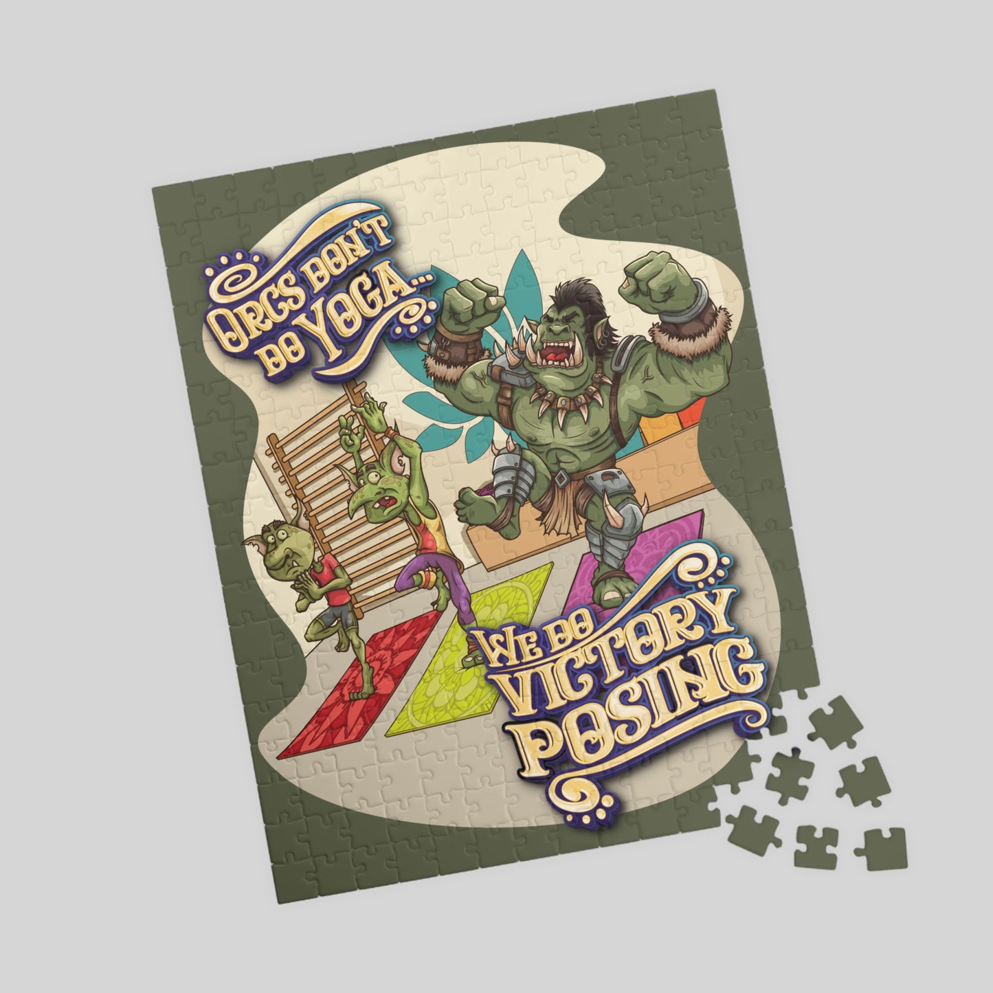 Jigsaw puzzle with cartoon characters and humorous text on a gray background