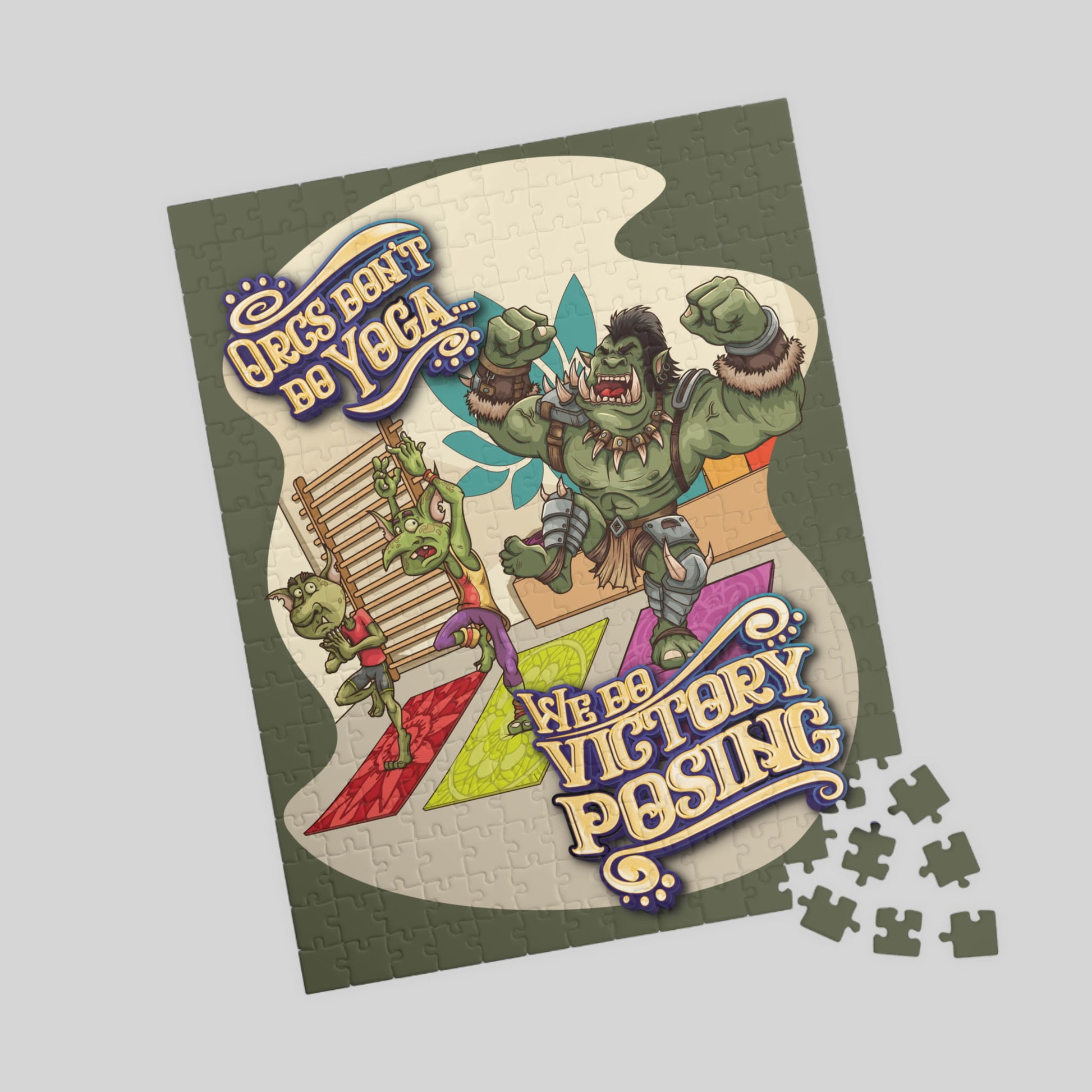 Jigsaw puzzle with cartoon characters and humorous text on a gray background