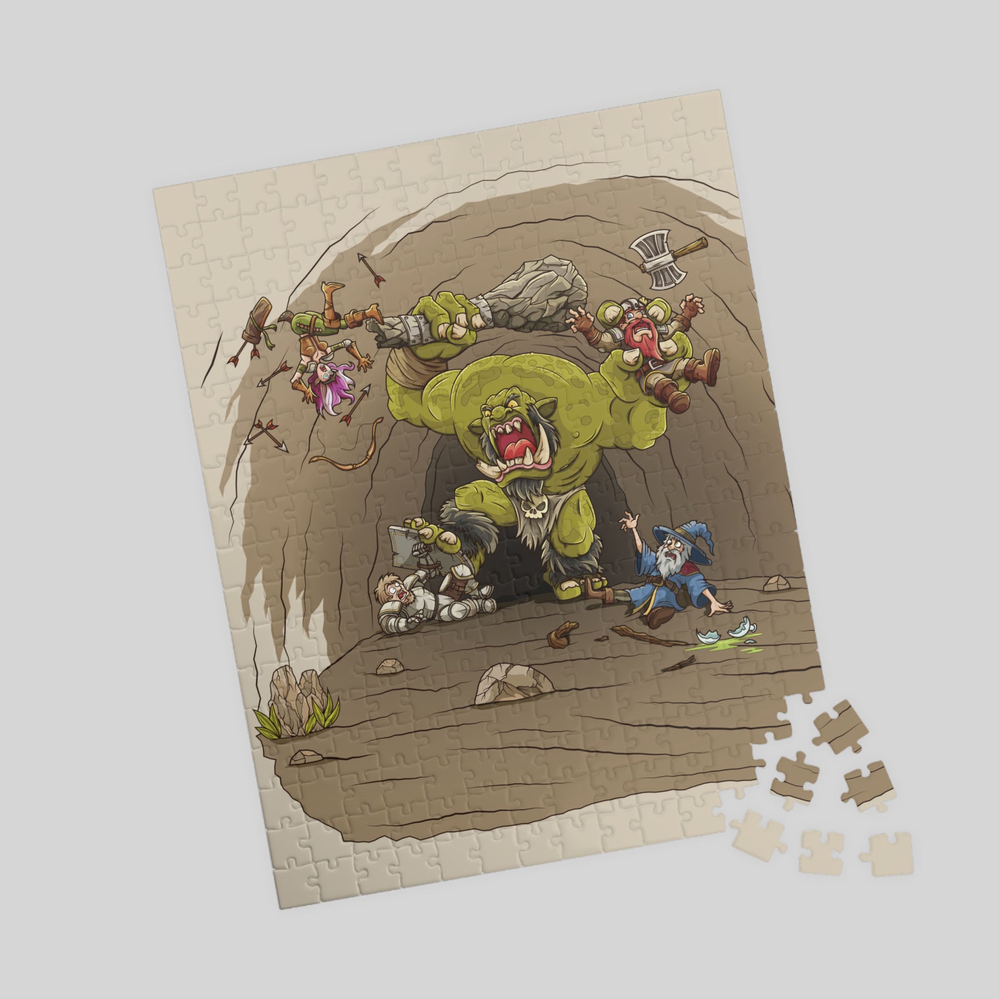 Jigsaw puzzle with a fantasy scene featuring a large green monster in battle with panicked heroes on a beige background