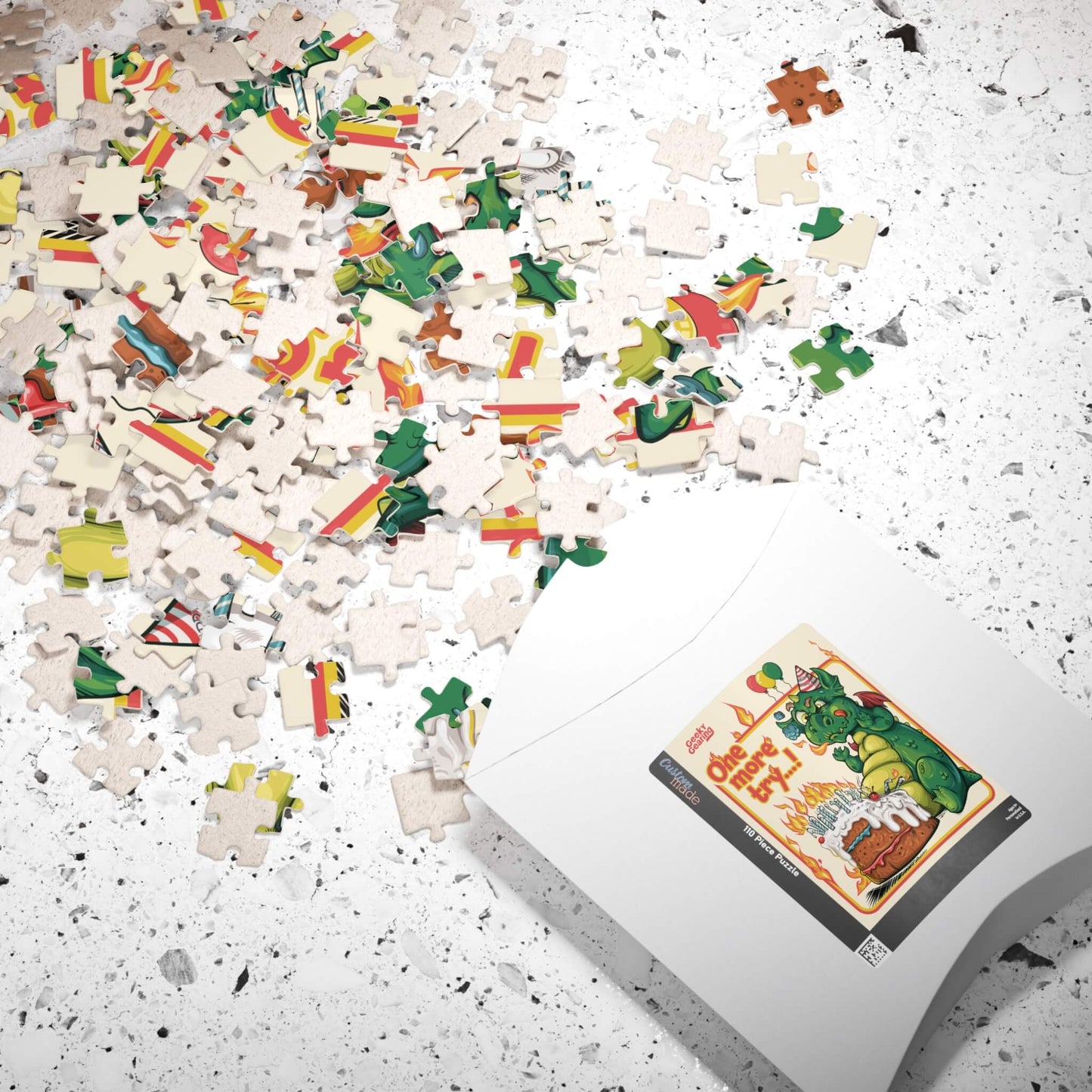 Puzzle pieces with a cartoon character design on a white surface