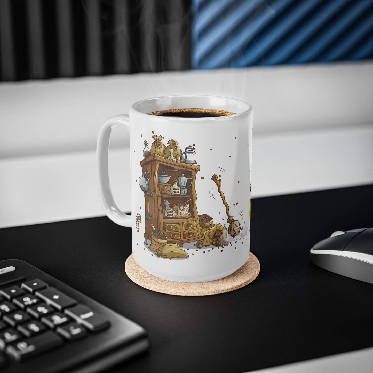 Mug with a cartoon dersign of bookshelf and magic broom on a desk with a keyboard and mouse.