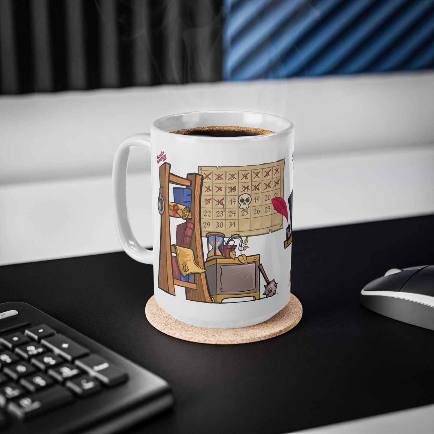 White mug with a cartoon design on a desk with a keyboard and mouse.