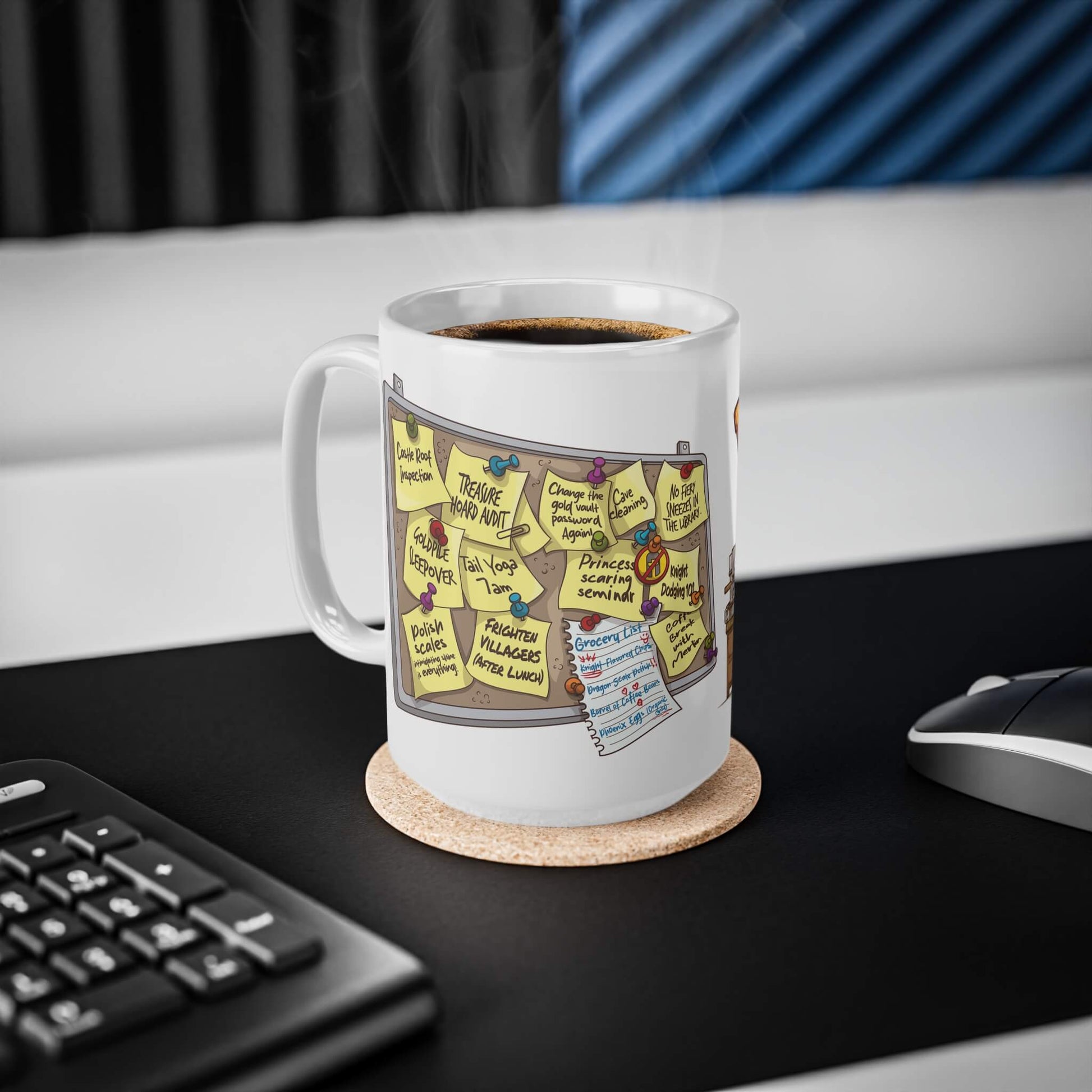 White mug with a design of a notice board with sticky notes on a desk with mouse and keyboard