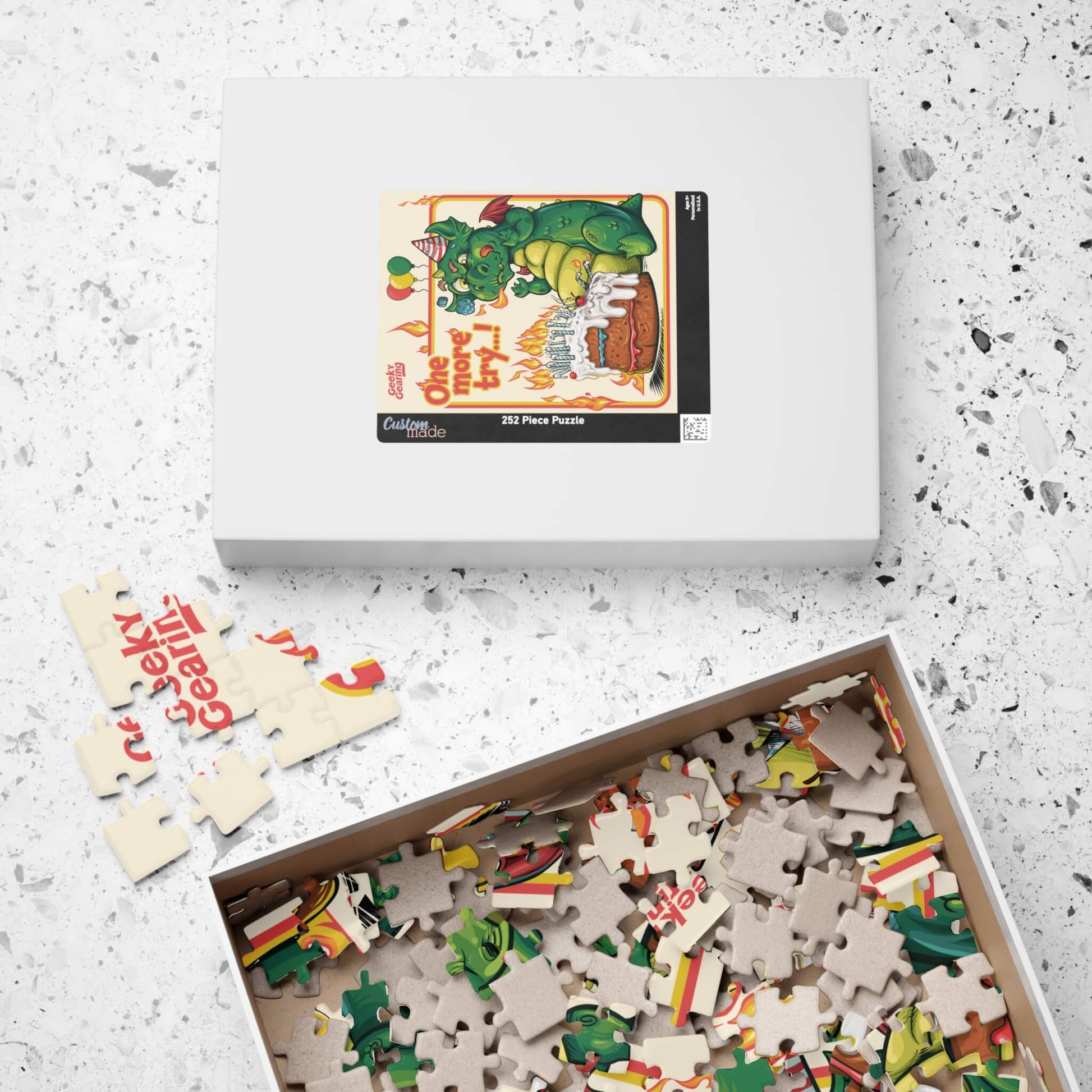 Puzzle with pieces missing, partially assembled, on a light gray surface.
