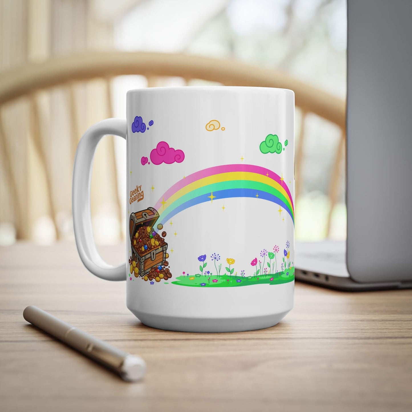 White mug with colorful rainbow and cloud design on a wooden surface.
