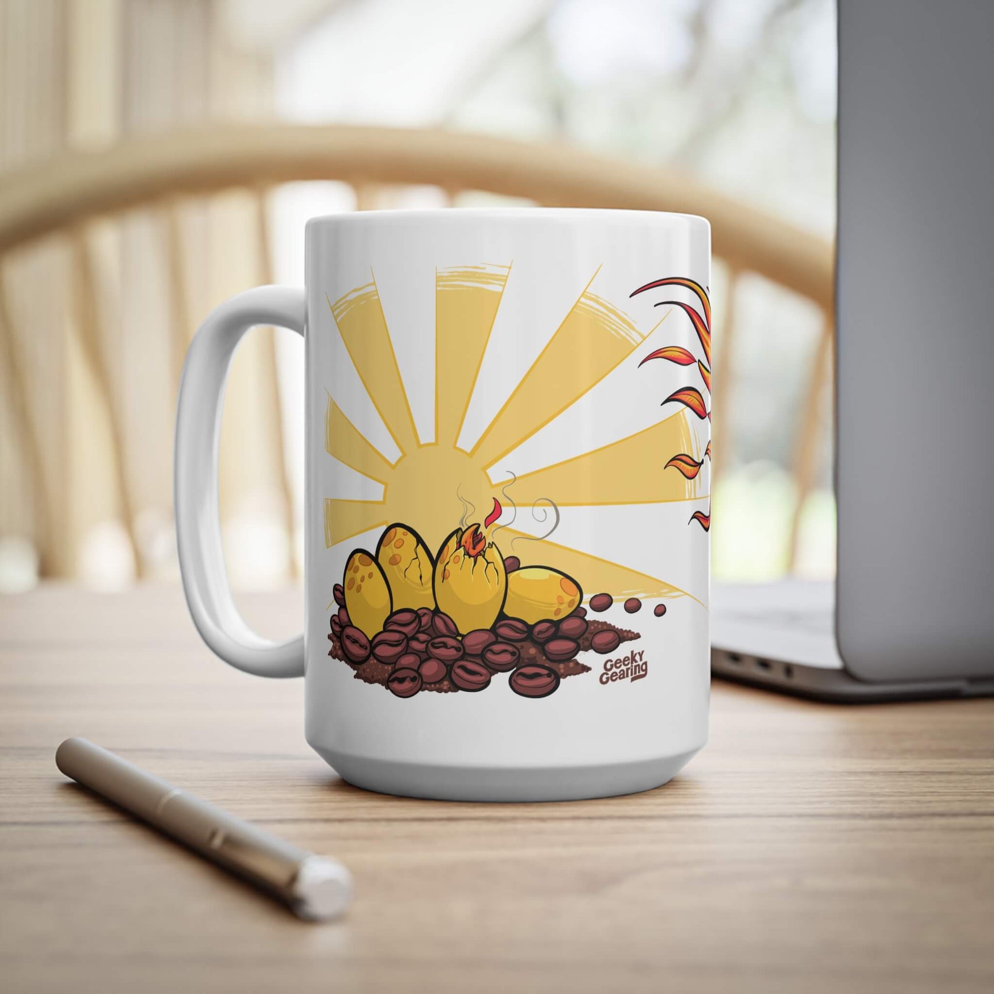 White mug with a coffee-themed design on a wooden table.