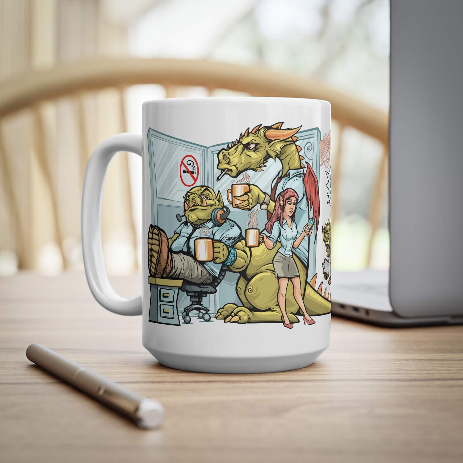 15oz Procrastination Potion mug on work desk next to laptop. Shows relaxing orc, dragon, and elf in an office cubicle.