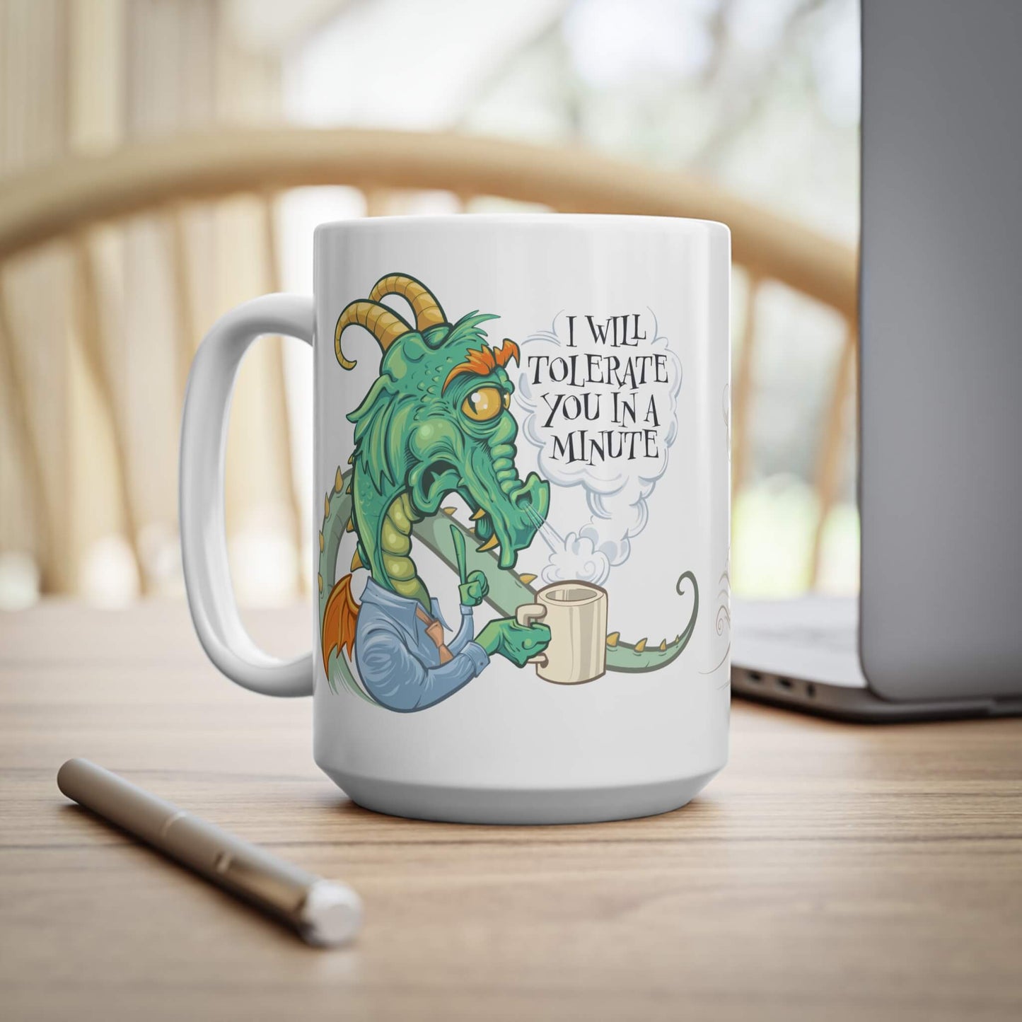 Mug with a funny office dragon in a shirt holding a coffe cup illustration and text on a desk