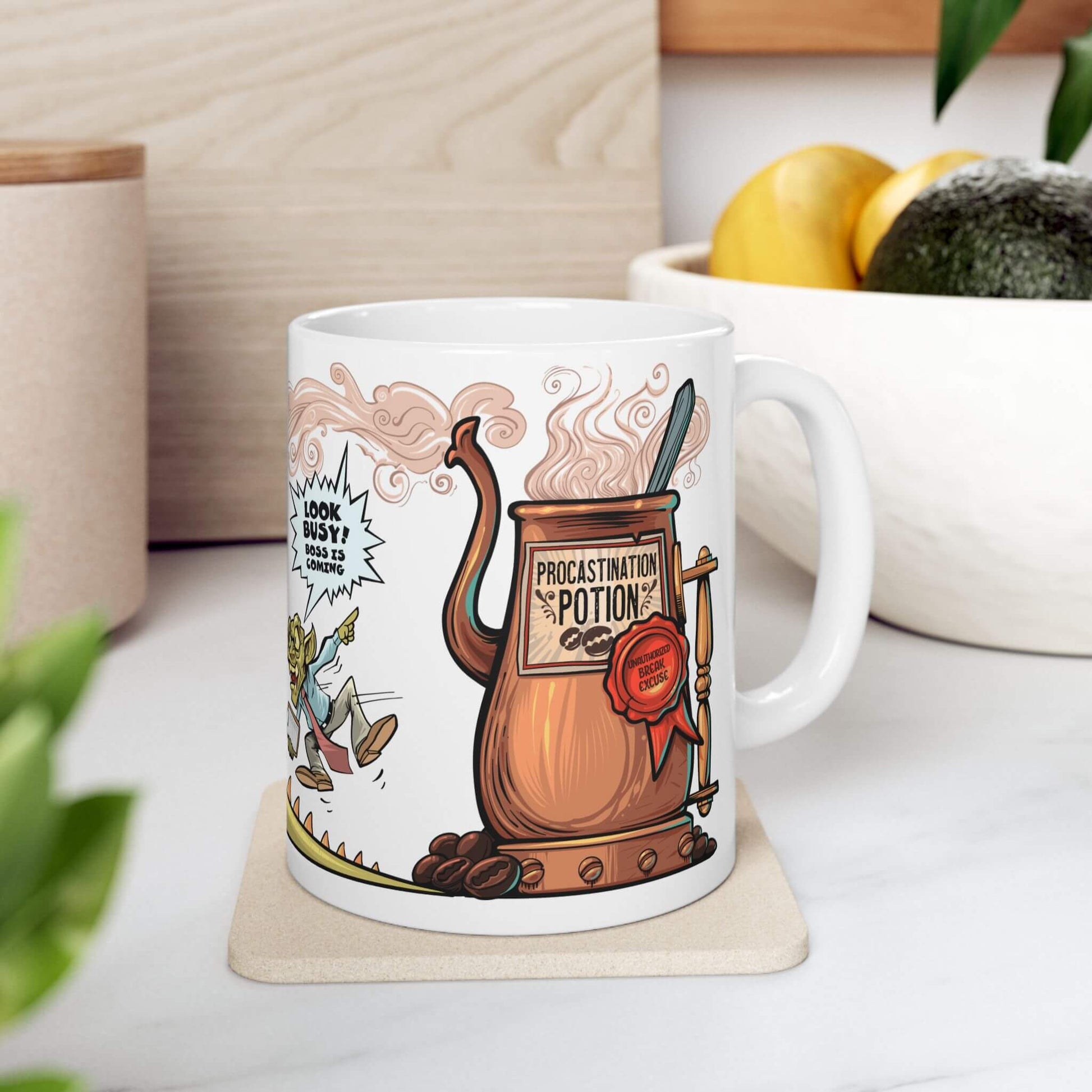 11oz Procrastination Potion mug on kitchen coaster, showing steaming coffee pot and 'Unauthorized Break Excuse' seal.