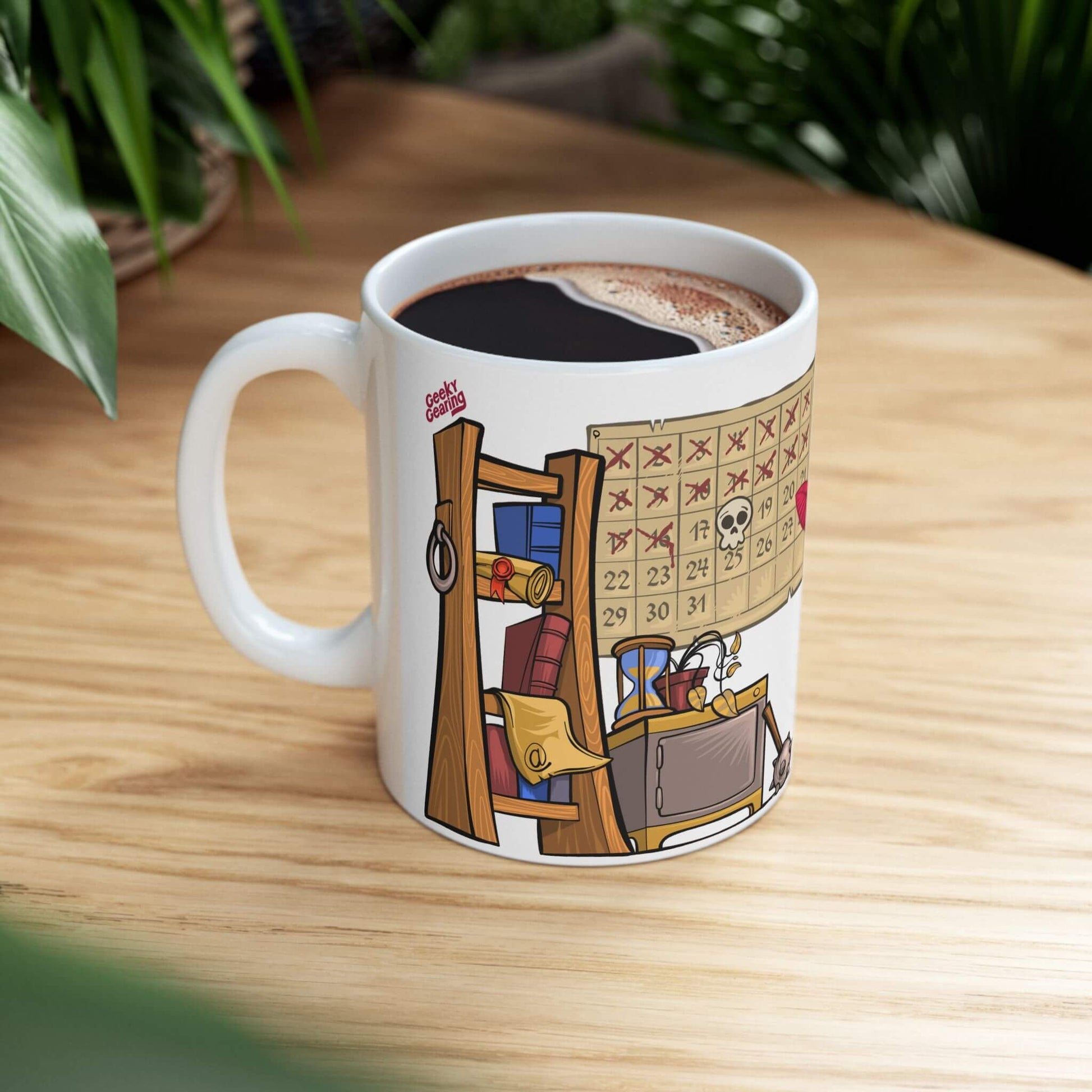 Mug with a cartoon design of a bookshelf and a calender indicating a deadline on a wooden table