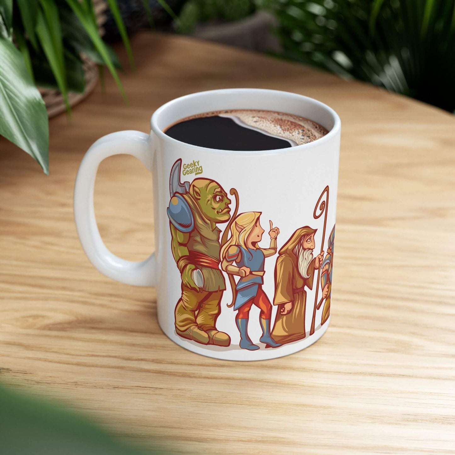 Mug with fantasy cartoon characters on a wooden table