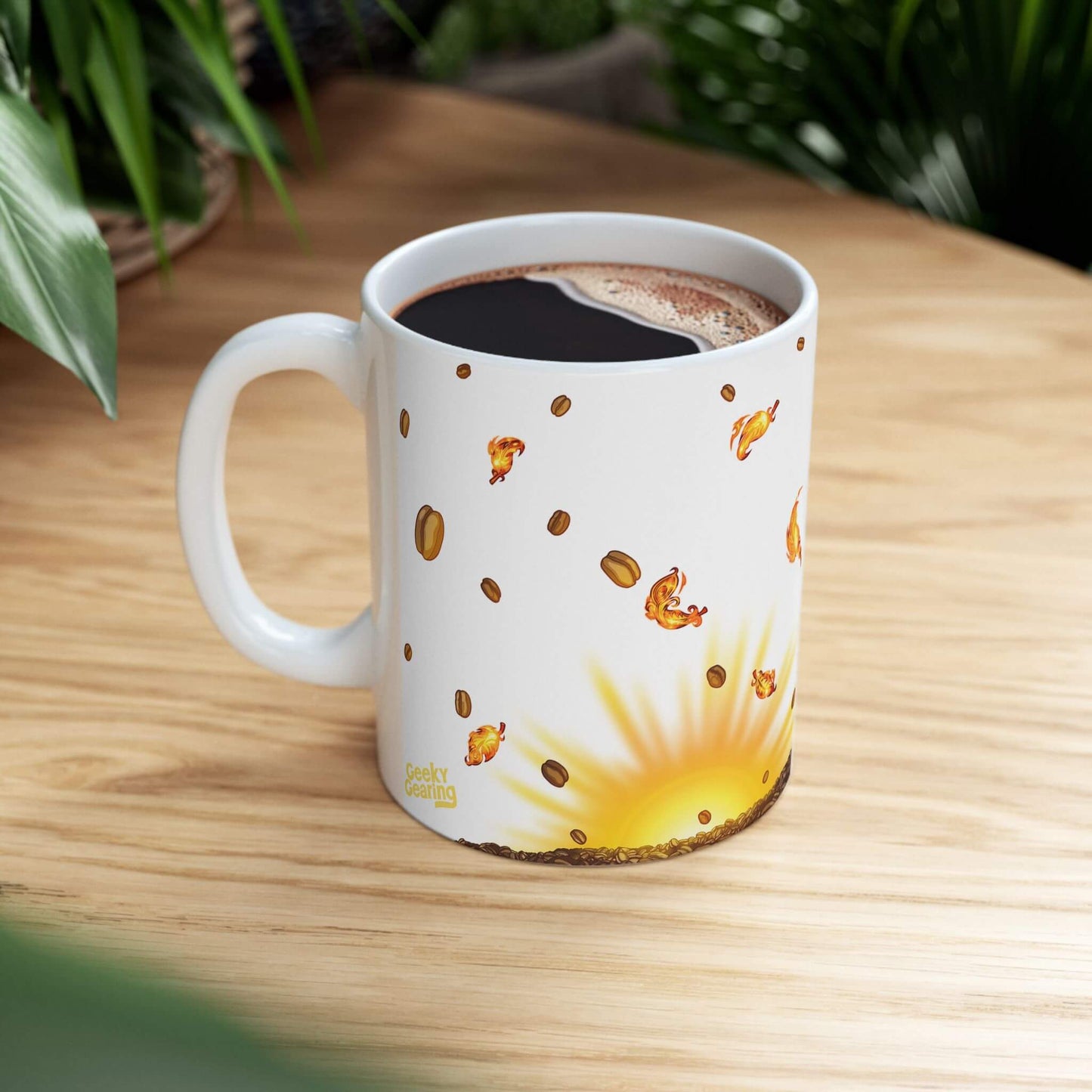 White mug with coffee design on a wooden table