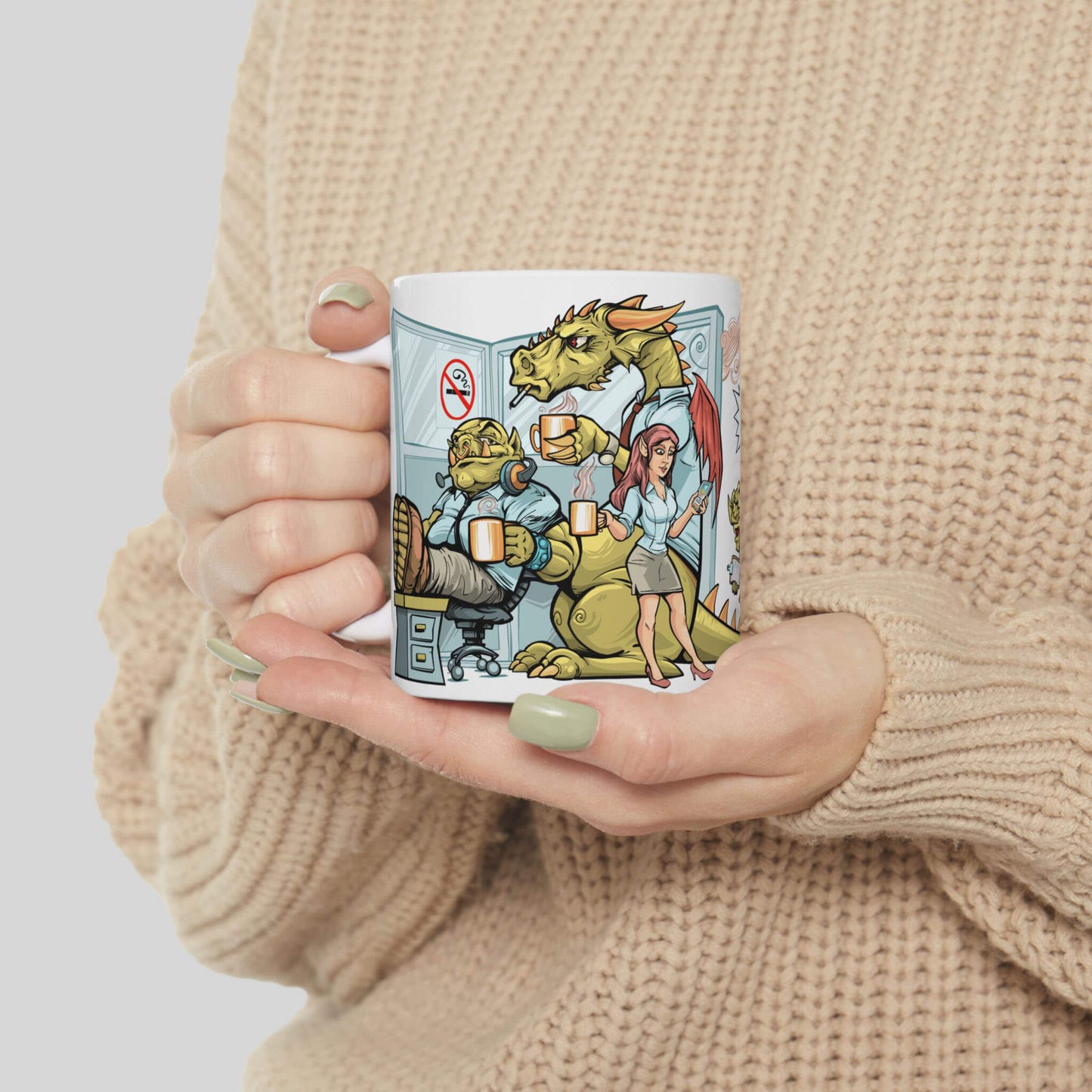 11oz Procrastination Potion mug held in hands, displaying orc with feet on desk in office cubicle.