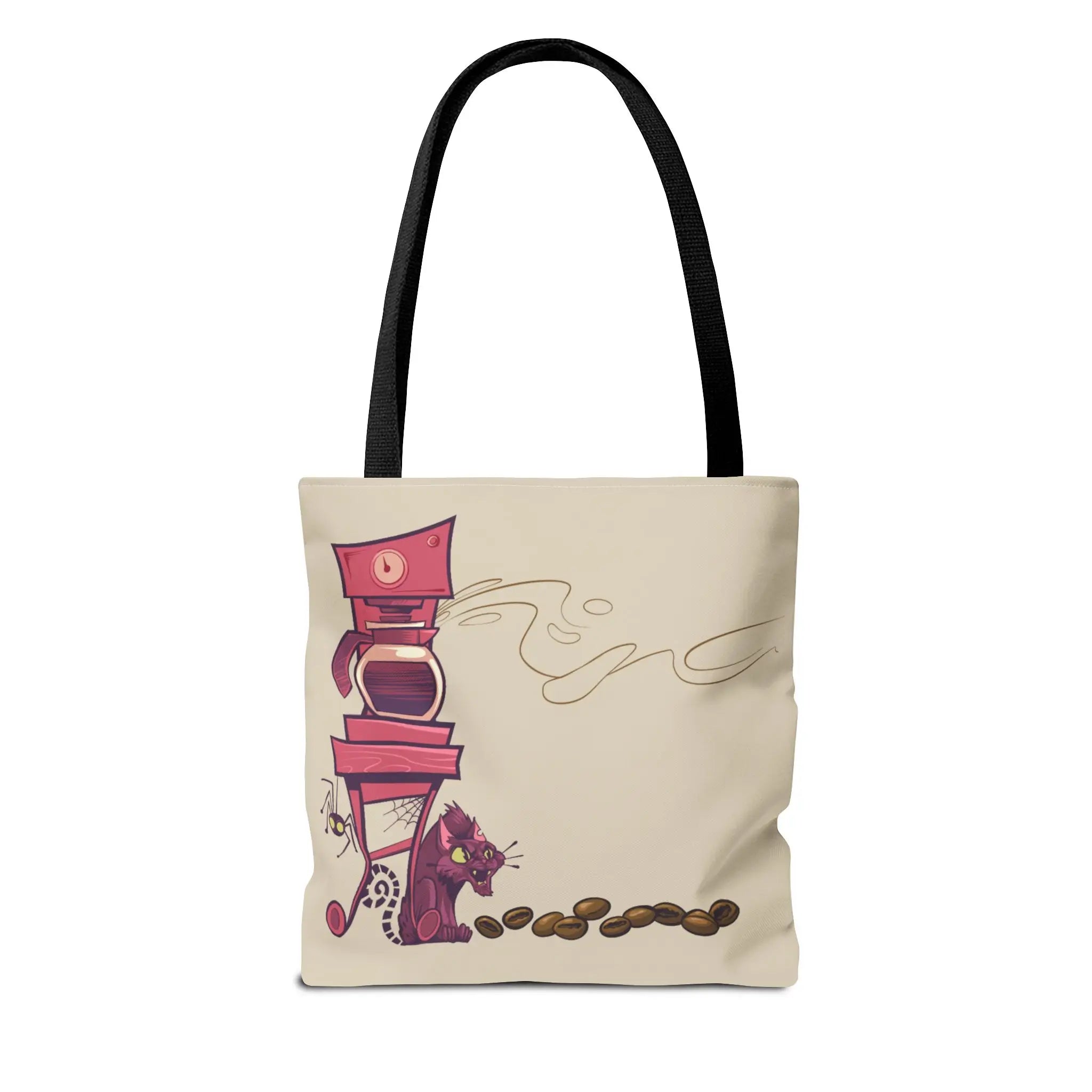 Tote bag with a coffee-themed design featuring a coffee maker and cat on a beige background.