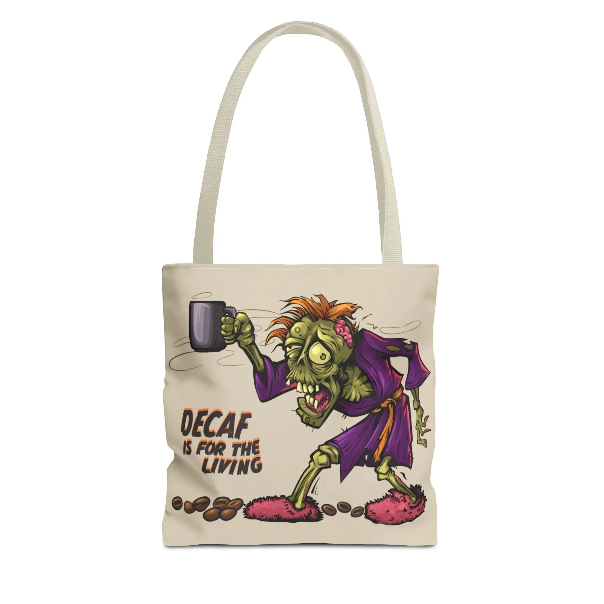 Tote bag with a cartoon zombie holding a coffee cup and text 'Decaf is for the living' on a white background.