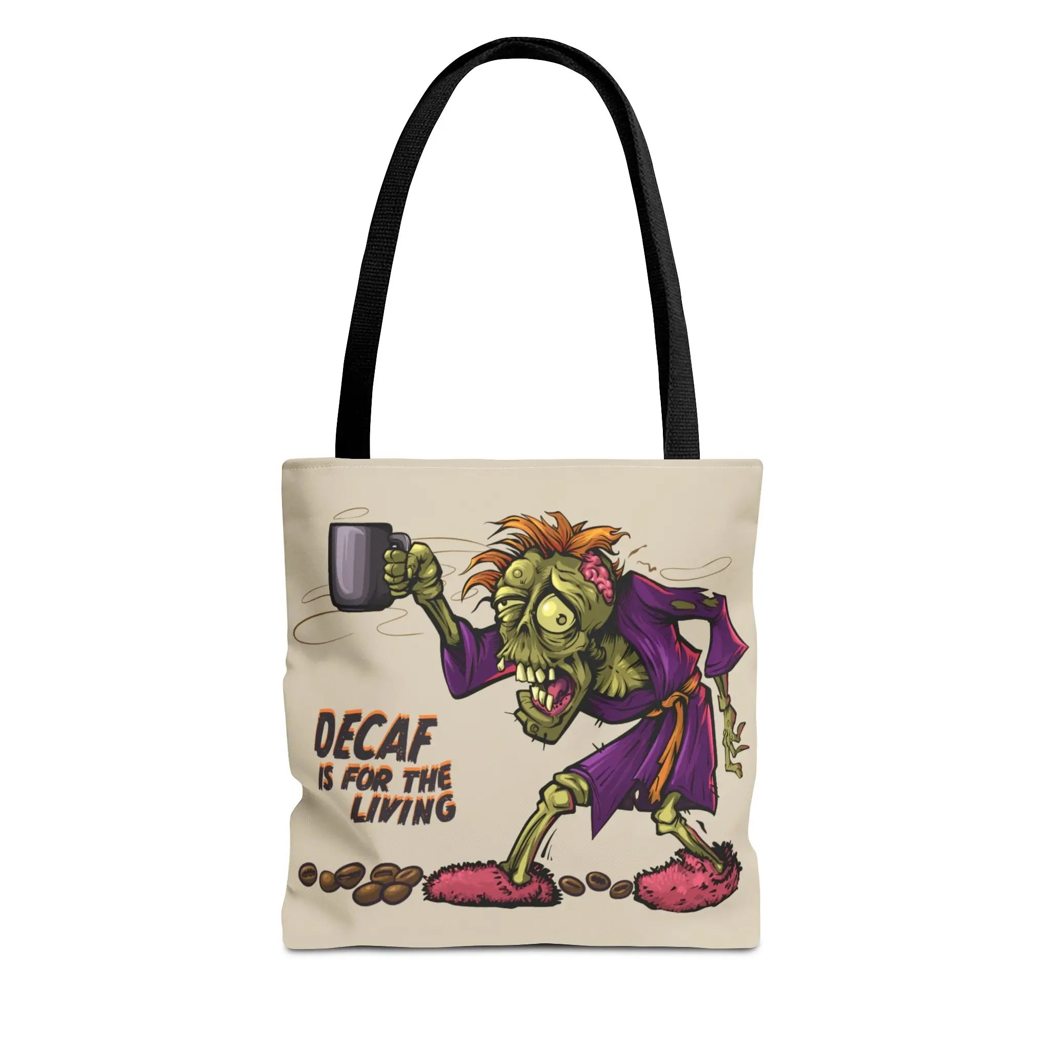 Tote bag with a cartoon zombie holding a coffee cup and text 'Decaf is for the living' on a white background