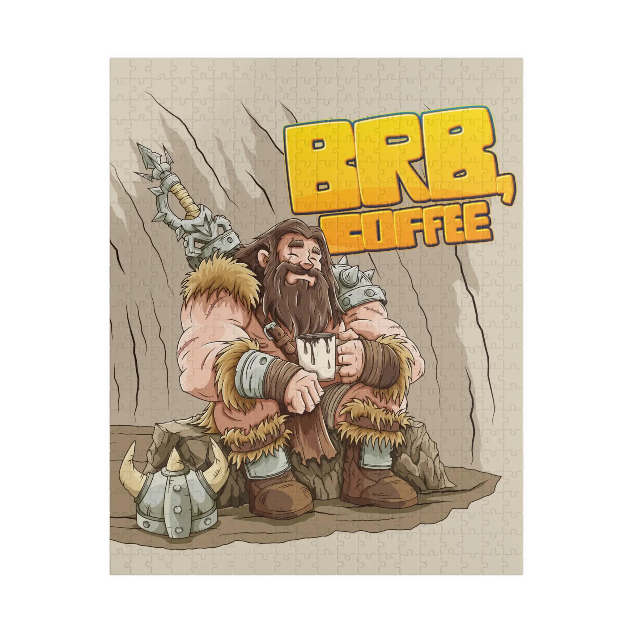 Finished Barbarian’s Coffee Break 520-piece puzzle. A serene barbarian enjoying a cup of coffee. Fun fantasy puzzle.