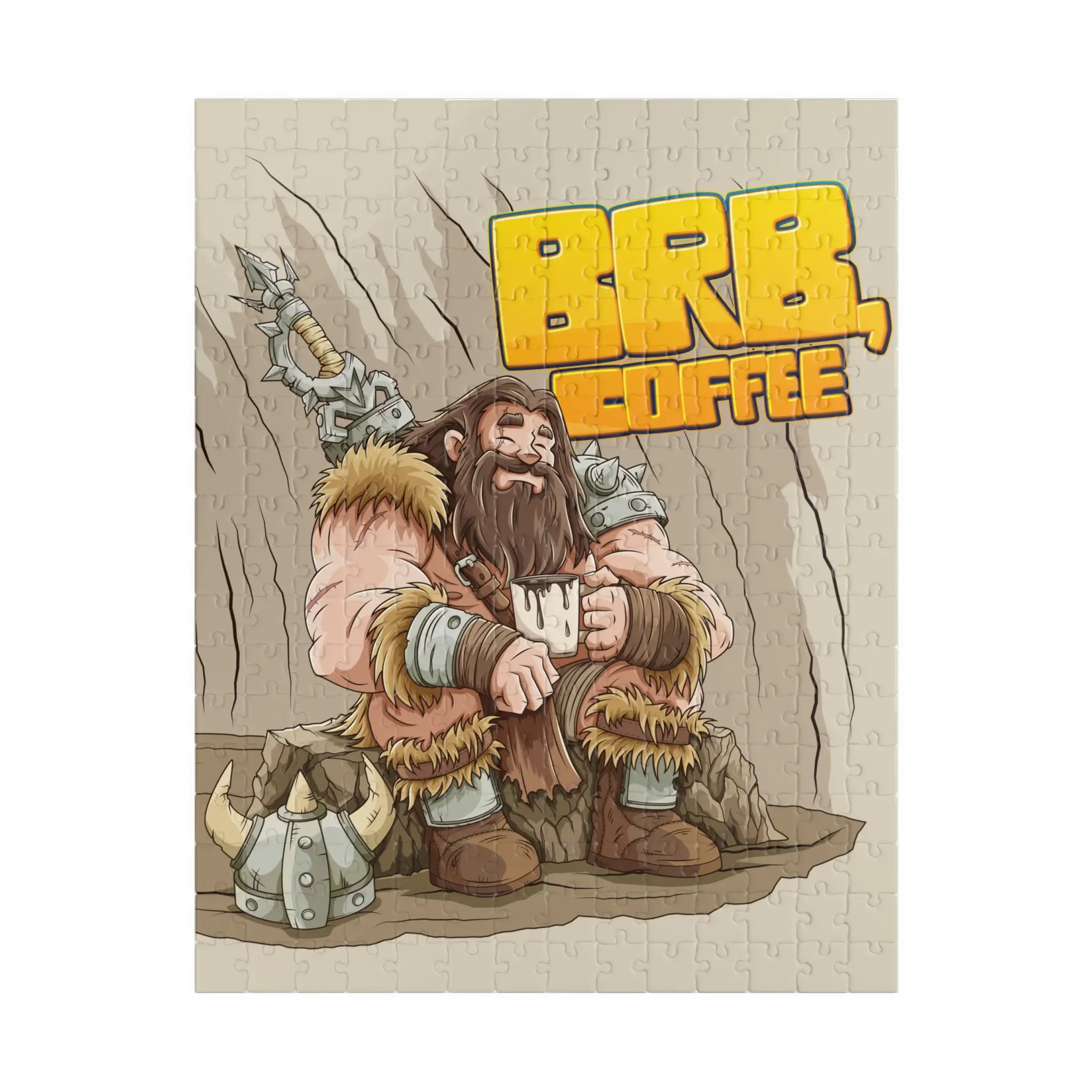 Front-on of finished assembled Barbarian’s Coffee Break jigsaw puzzle (252 pieces) showing tight fit and vivid fantasy art.
