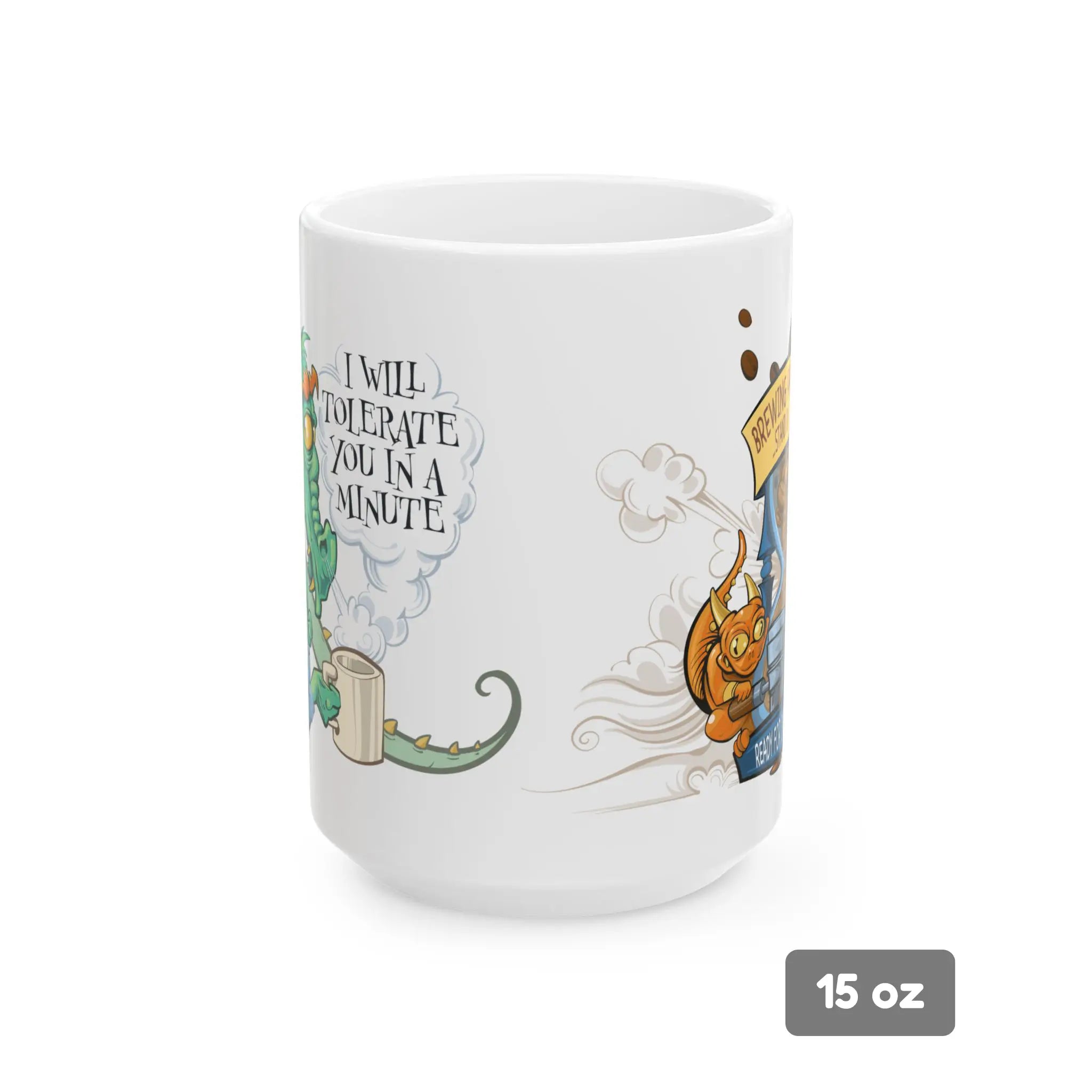 Mug with cartoon design and text on a white background