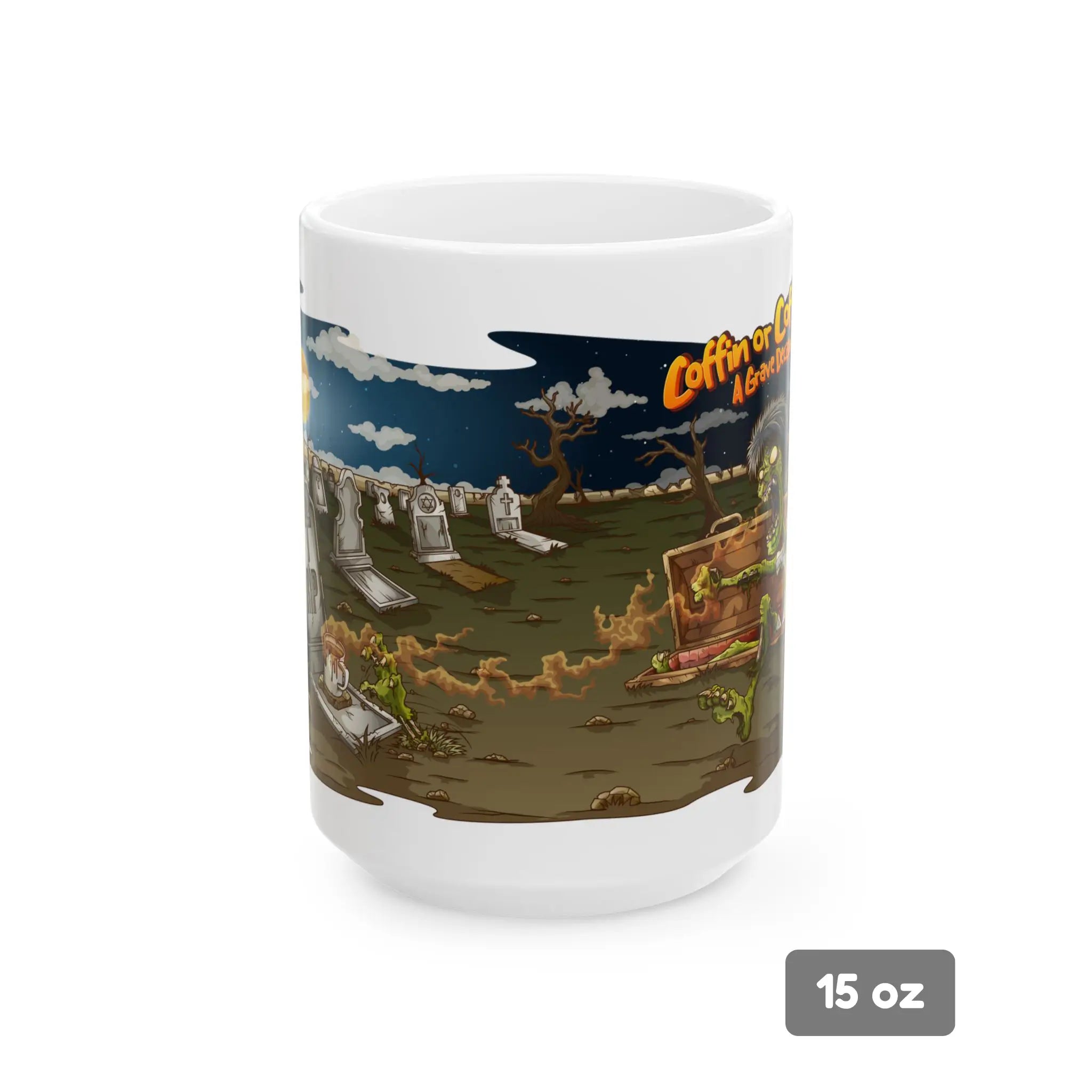 Mug with a zombie design of a graveyard and text on a white background