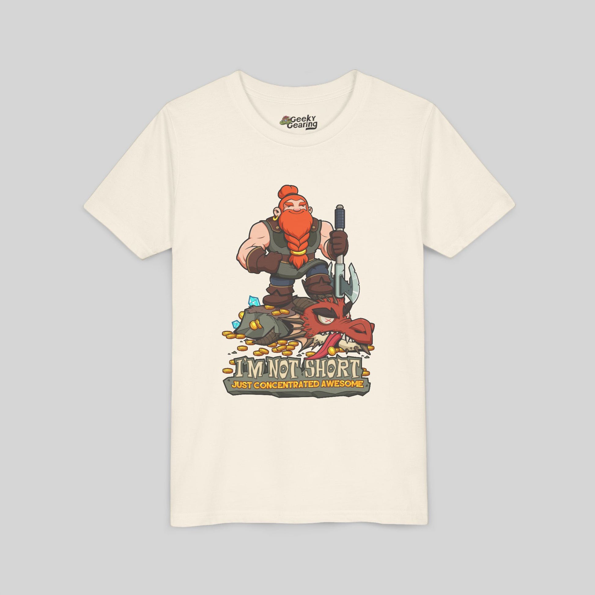 White t-shirt with a cartoon character and text on a gray background