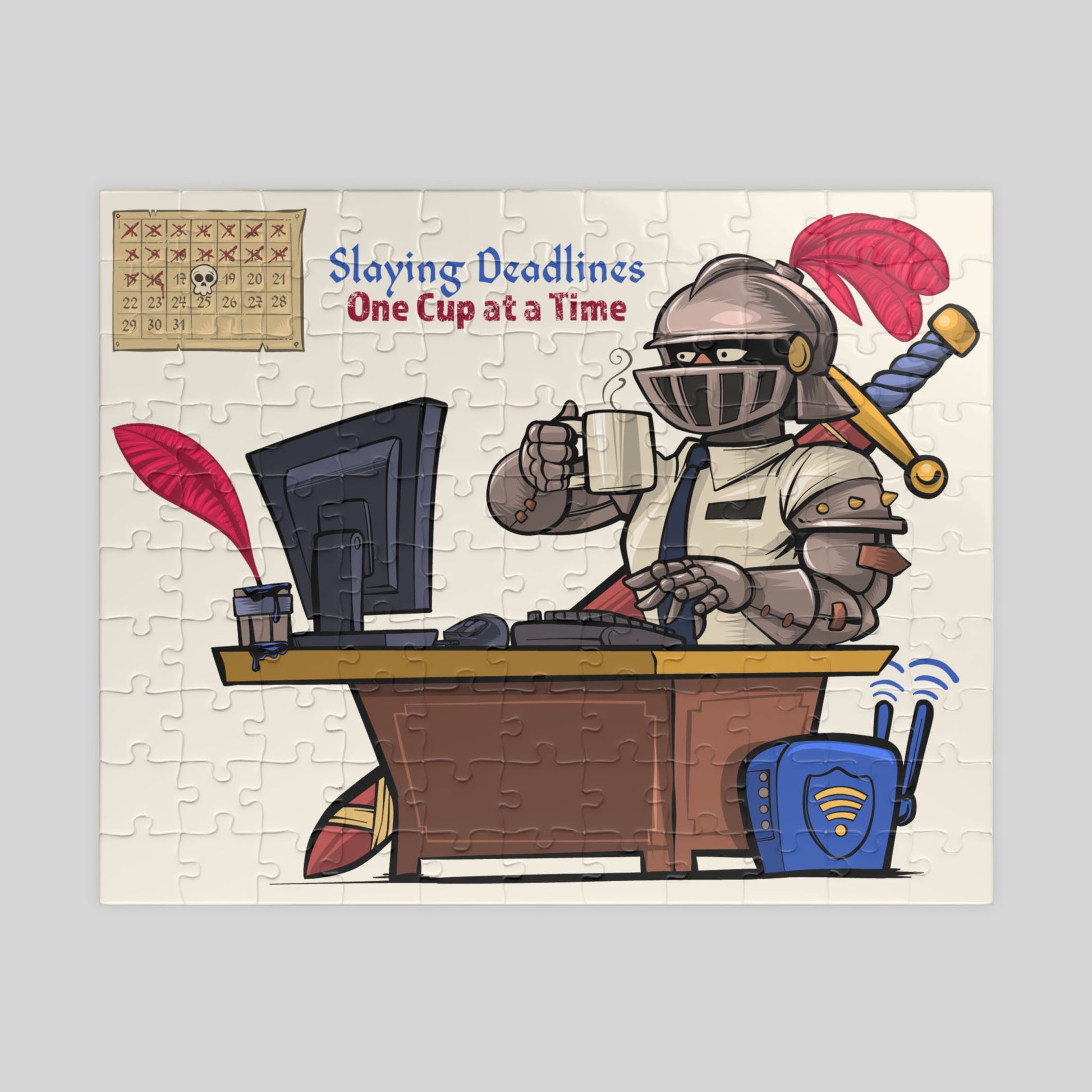 Jigsaw puzzle with a cartoon knight at a desk, holding a mug with text 'Slaying Deadlines One Cup at a Time'.