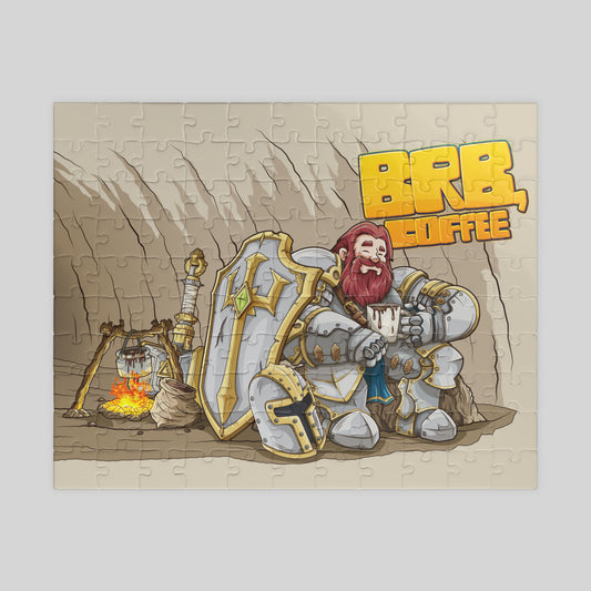 Jigsaw puzzle with a cartoon design of a knight holding a coffee cup and 'BRB Coffee' text on a beige background