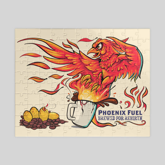 Jigsaw puzzle with a phoenix and coffee cup design on a beige background