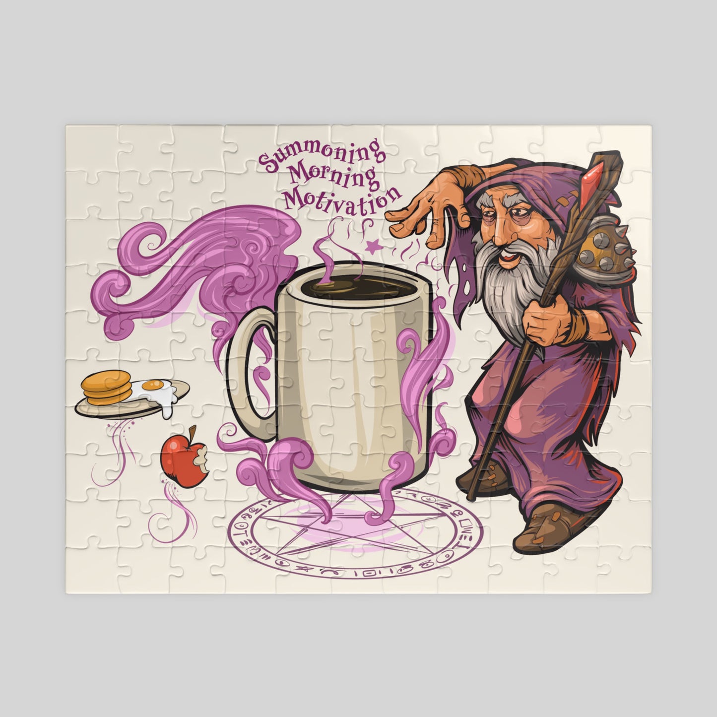 Jigsaw puzzle with a wizard and coffee cup design on a light gray background