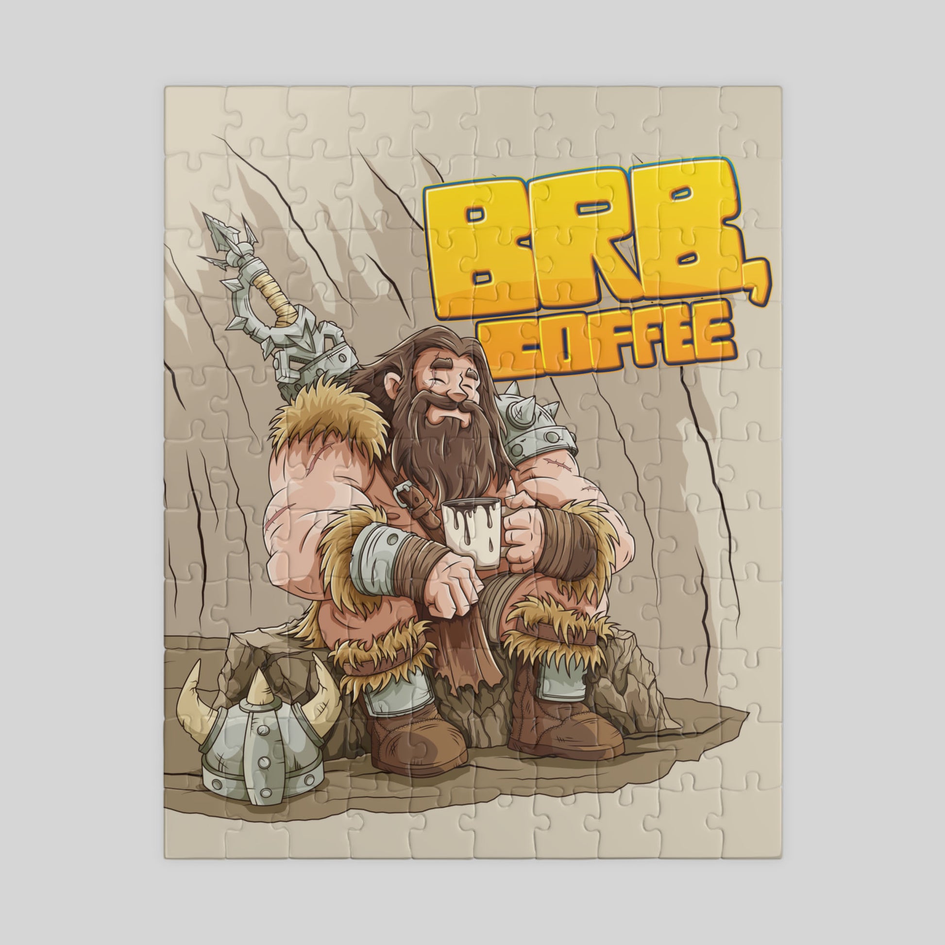 Jigsaw puzzle with a barbarian warrior holding a coffee cup and 'BRB Coffee' text on a beige background.