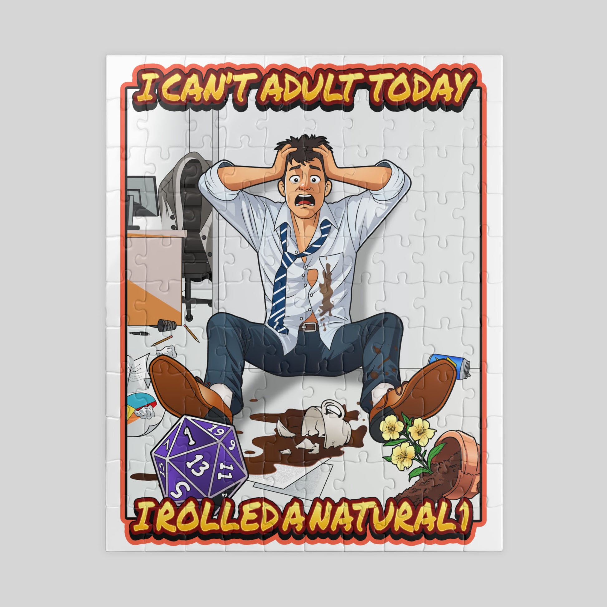 Jigsaw puzzle with a cartoon character and humorous text on a gray background