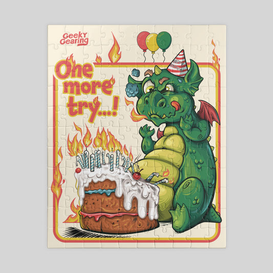 Jigsaw puzzle with a dragon and birthday cake design on a beige background