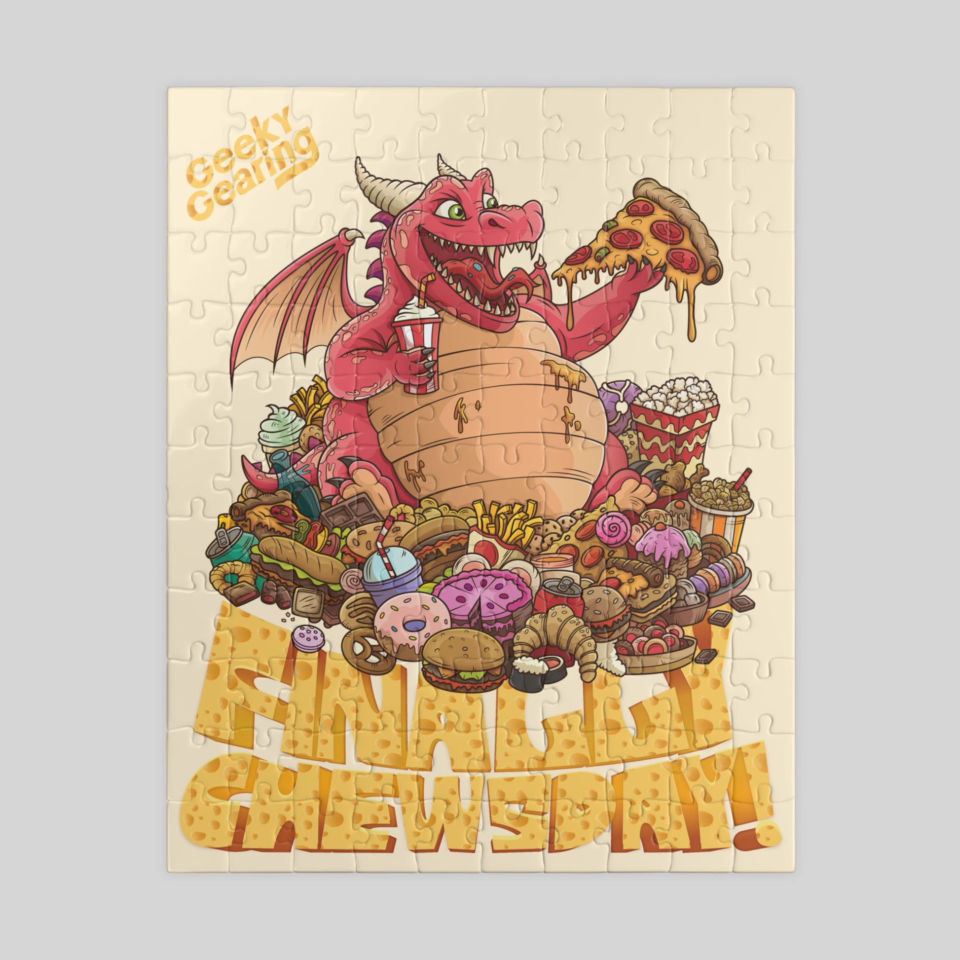Jigsaw puzzle with a dragon and food items on a beige background