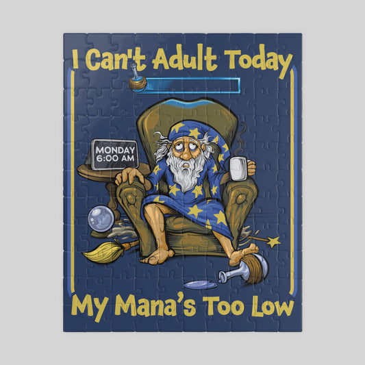 Jigsaw puzzle with a wizard design and humorous text on a blue background