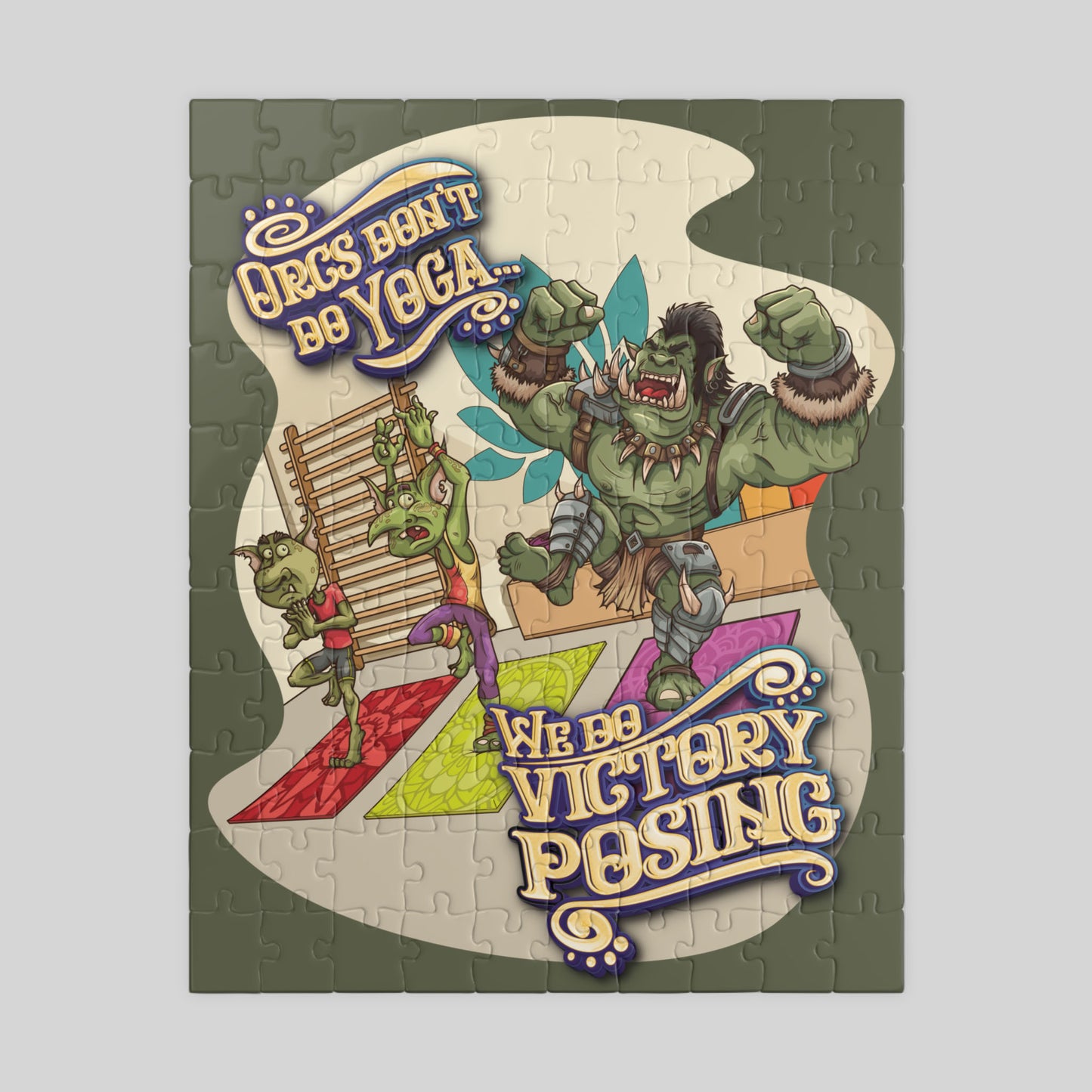 Jigsaw puzzle with cartoon orc characters and humorous text on a gray background