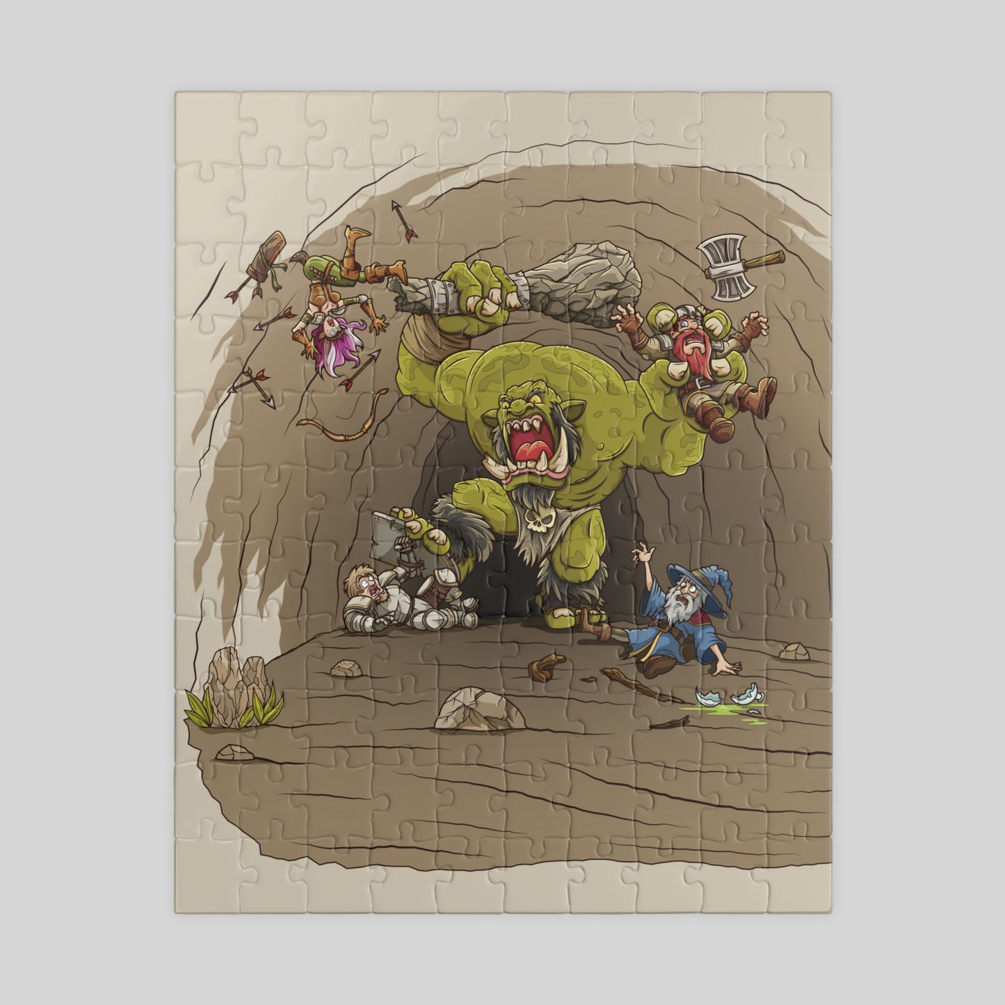 Jigsaw puzzle with a fantasy scene featuring a large green monster in battle with panicked heroes on a beige background