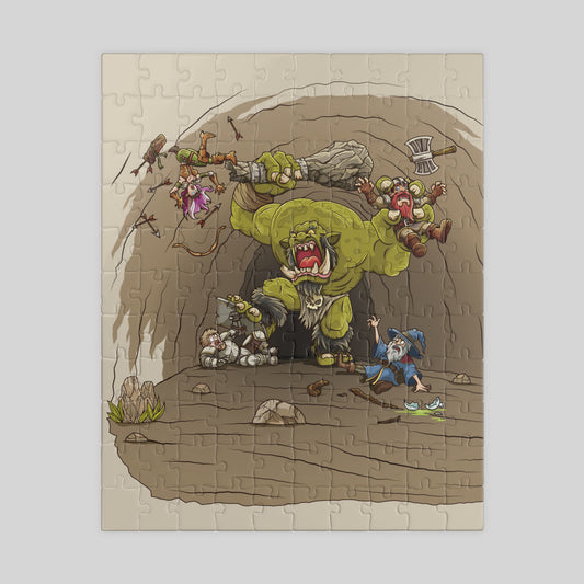 Jigsaw puzzle with a fantasy scene featuring a large green monster in battle with panicked heroes on a beige background