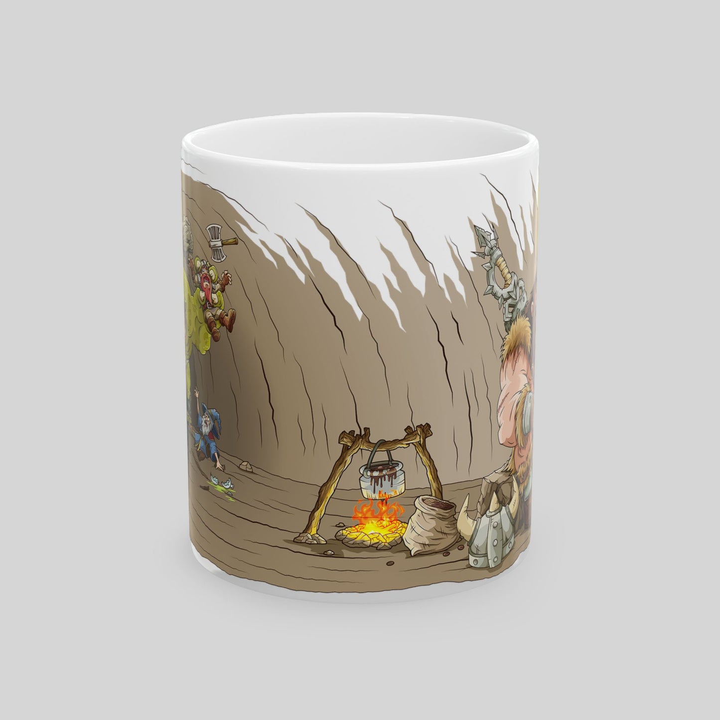 Mug with a cartoon design of a campsite scene on a gray background