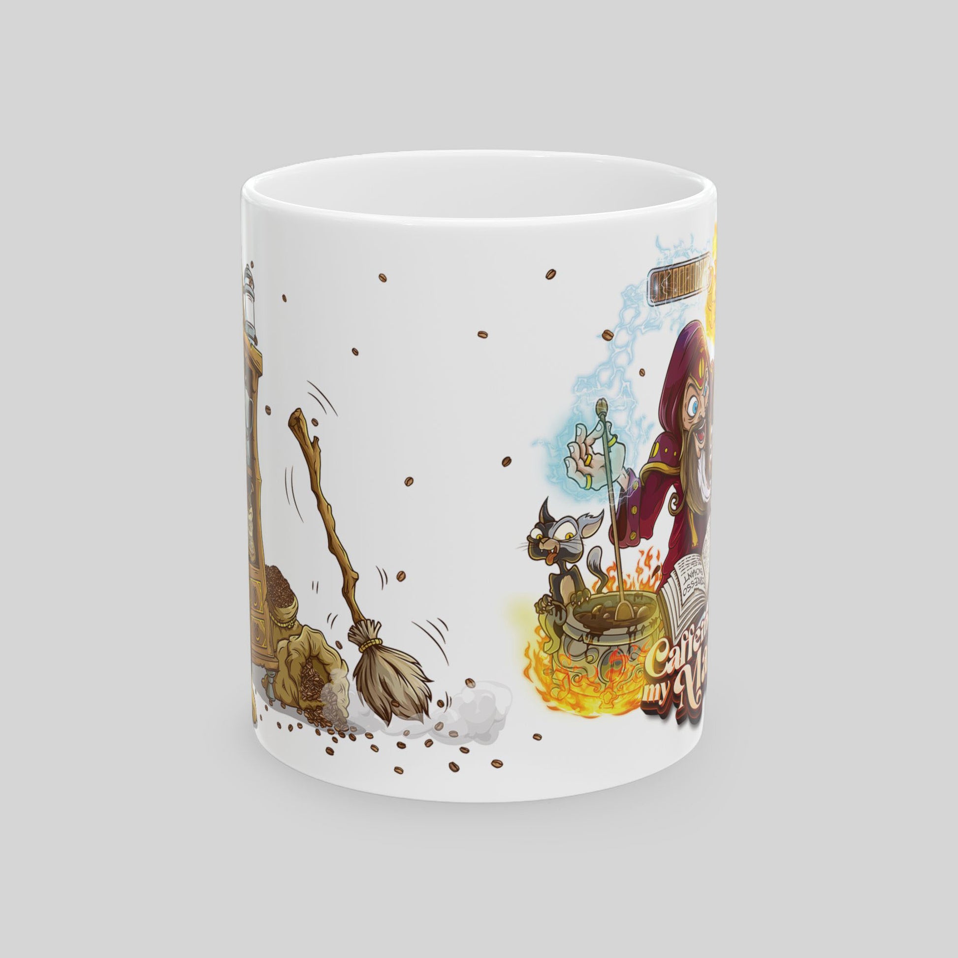 11 oz white mug, centered front: broom sweeps spilled grounds and floating beans, connecting alchemy shelf and wizard scene.