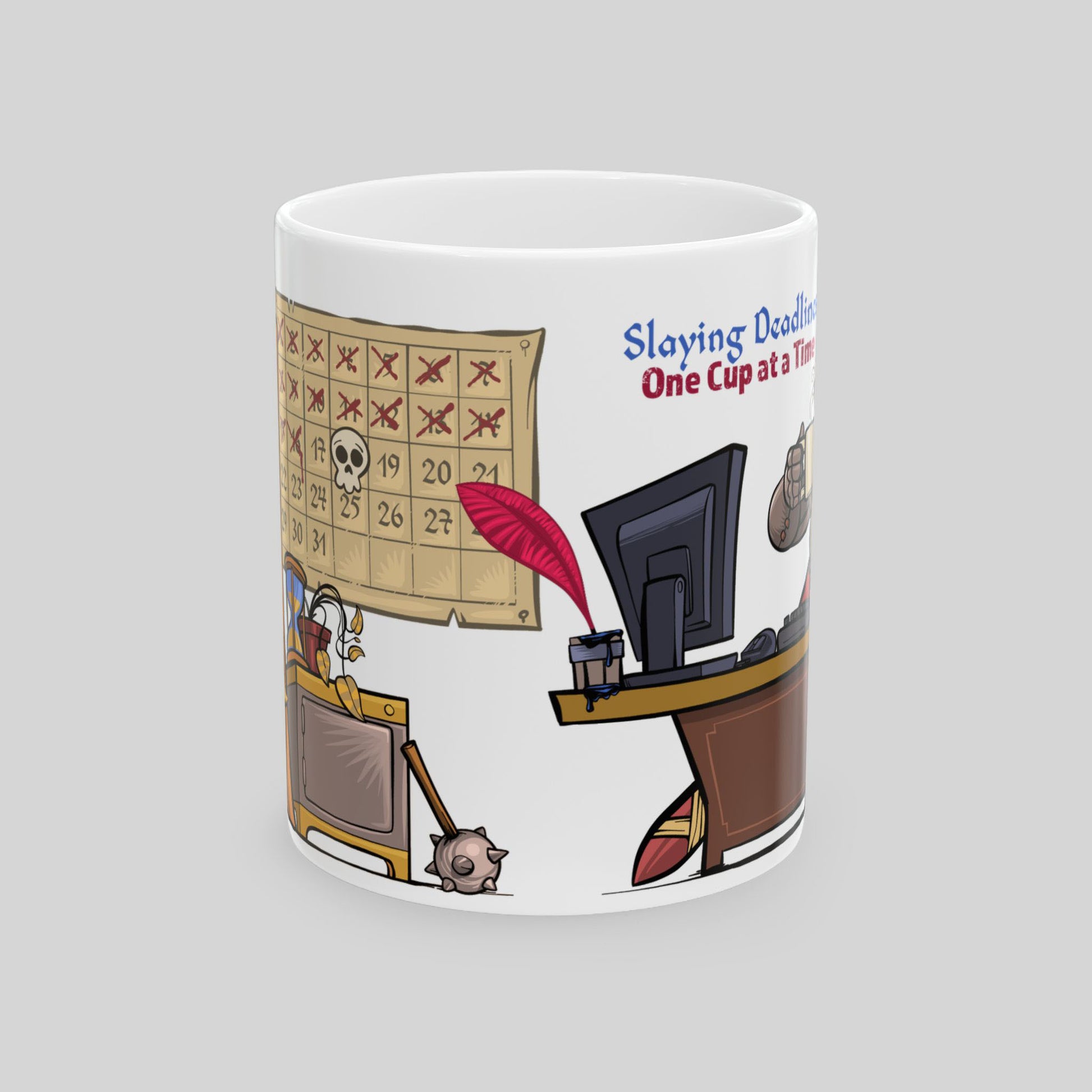 Mug with cartoon design of a desk, computer, and calendar on a gray background