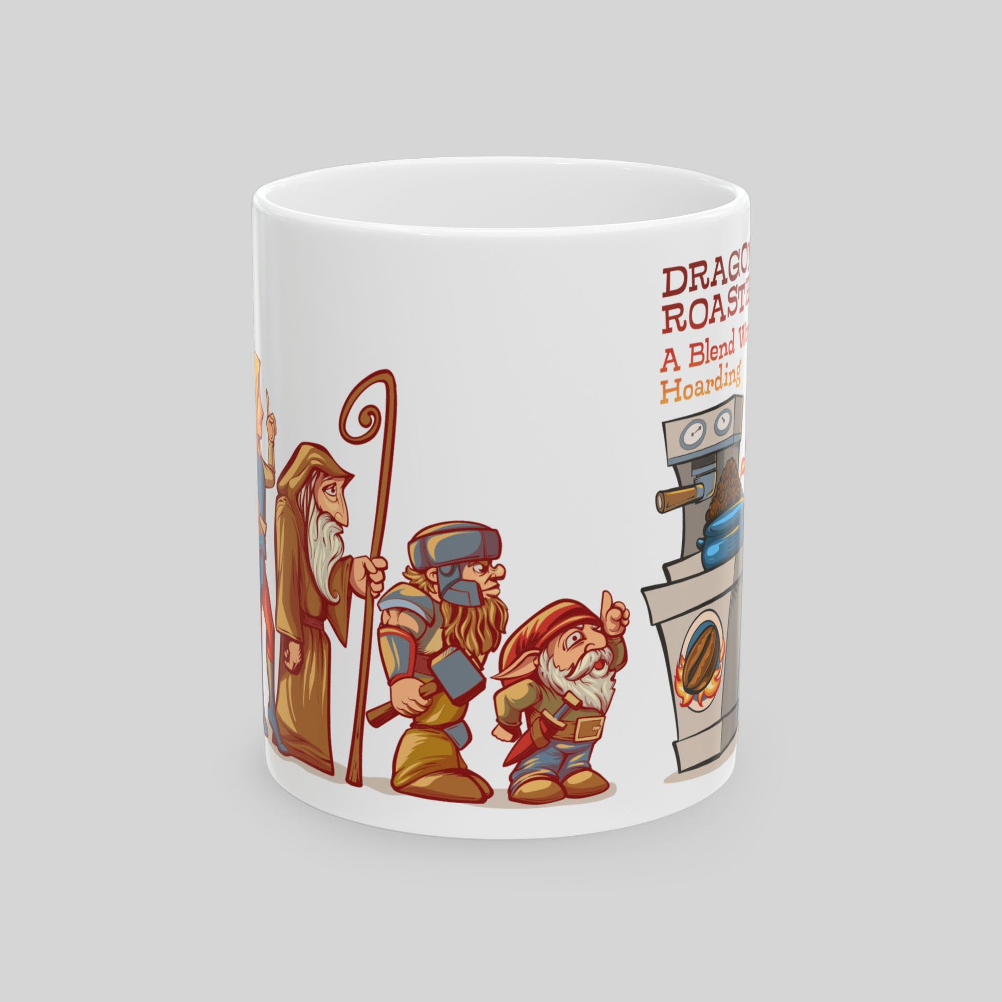 Mug with a cartoon dwarf, gnome and wizard standing in line and a coffee roasting machine design on a gray background