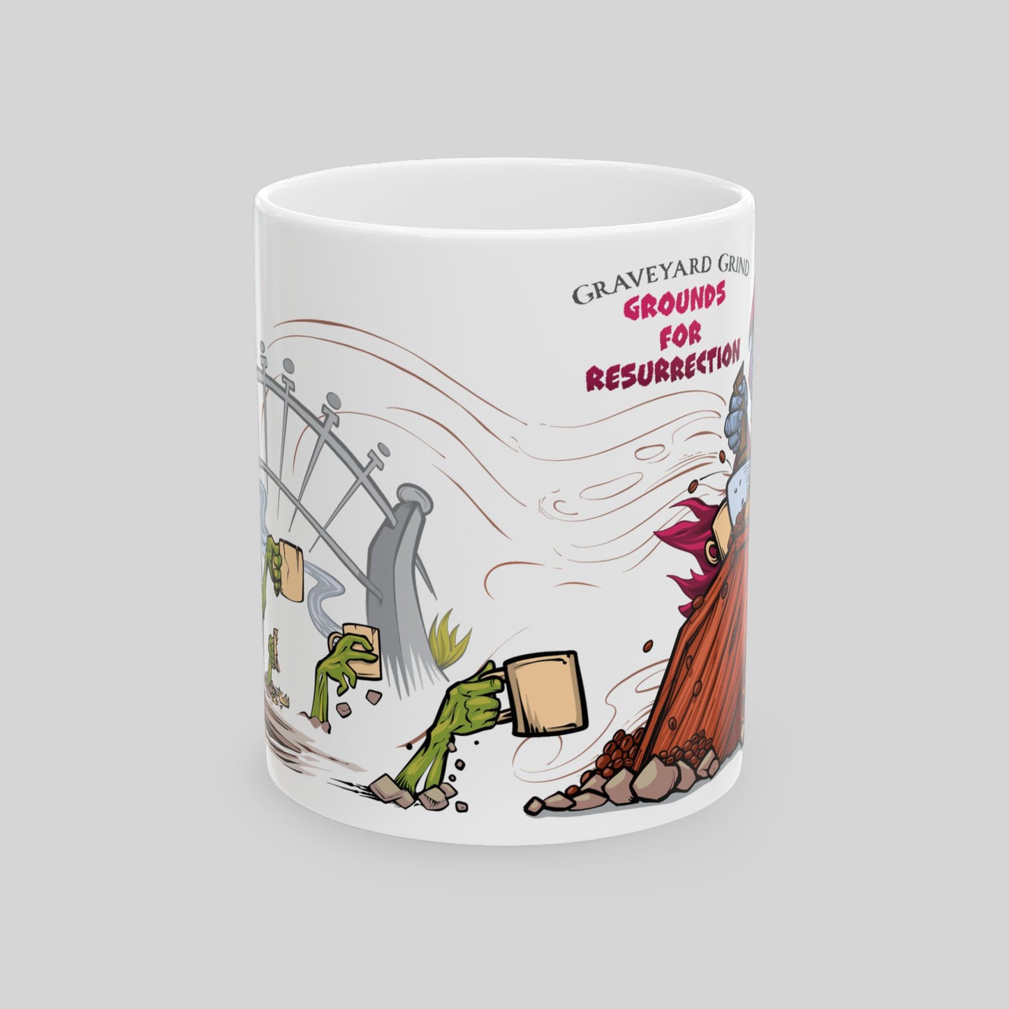 Mug with cartoon design of a grave, a coffin, and a resurrection scene on a gray background