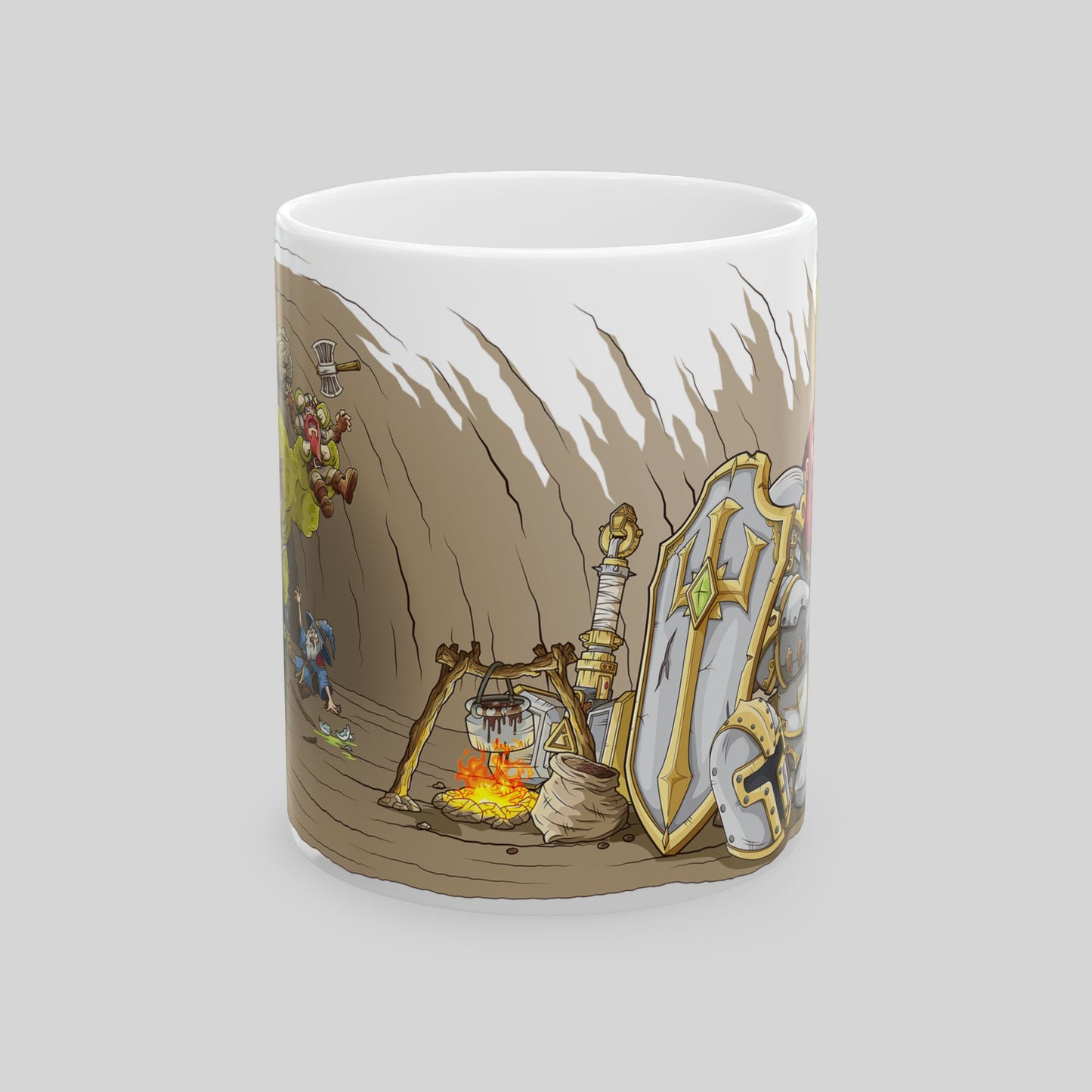Mug with fantasy-themed design featuring a shield, sword, and a knight sitting at a campfire.