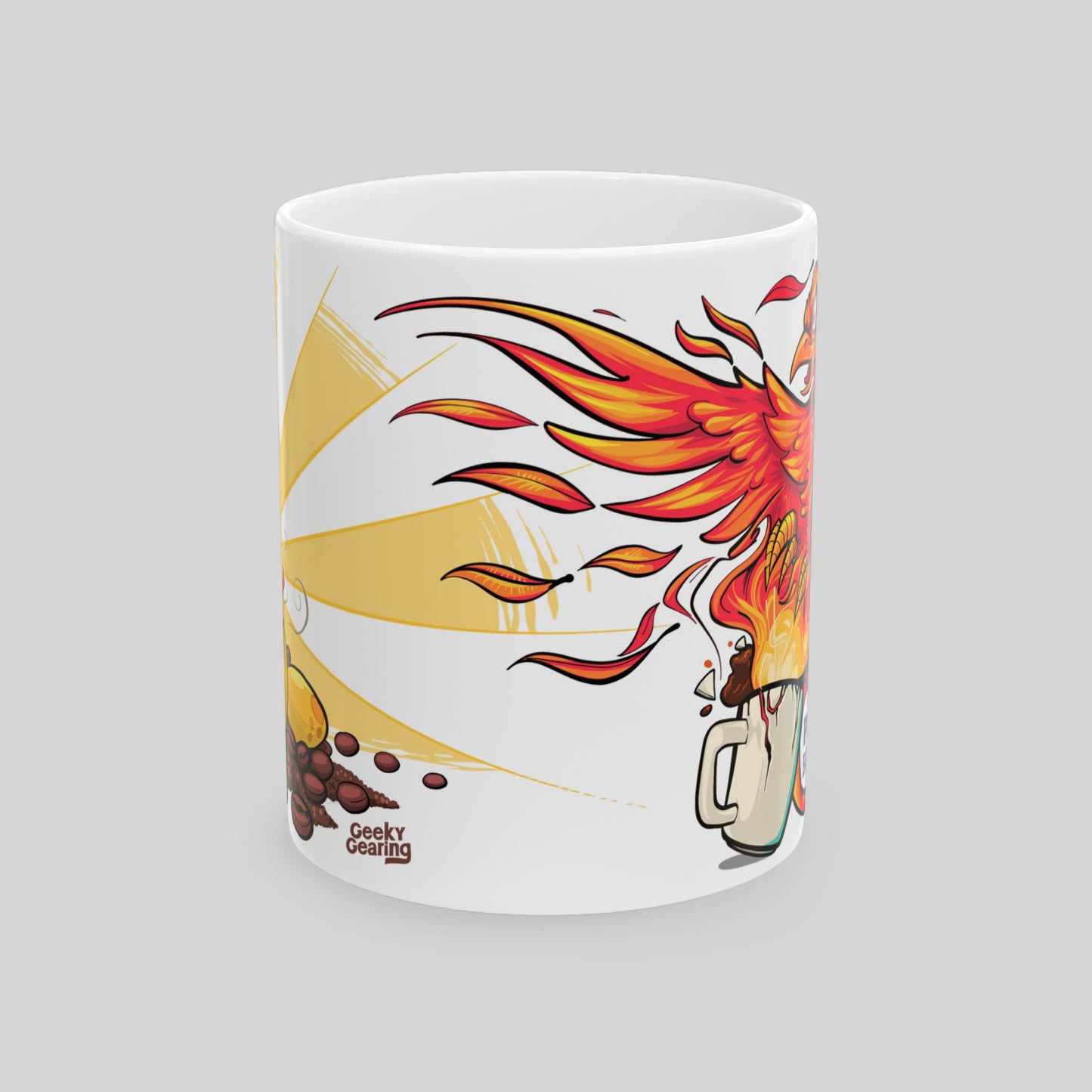 Front angle of Phoenix Fuel mug showing transition from phoenix chick hatching to adult phoenix rising from coffee; sunrise and beans.