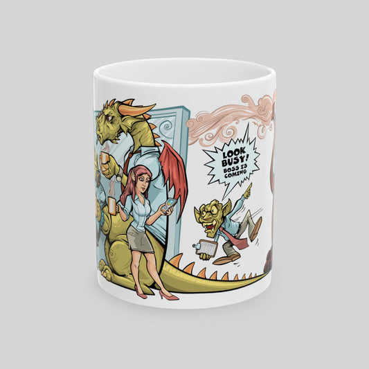 11oz Procrastination Potion mug featuring a funny office scene with a dragon, elf, and goblin characters.