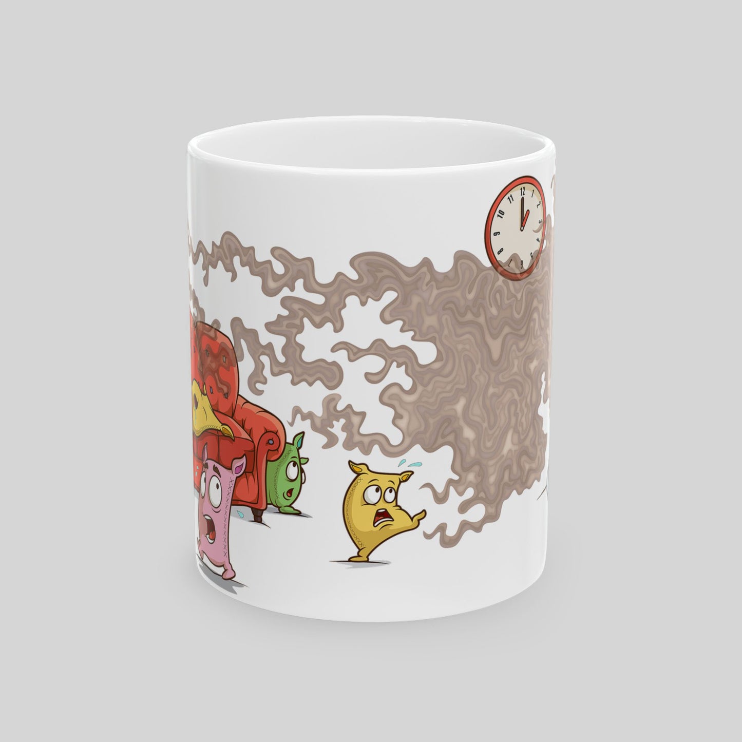 11 oz white ceramic mug with cartoon coffee cup, and pillow characters, and clock (focus theme).