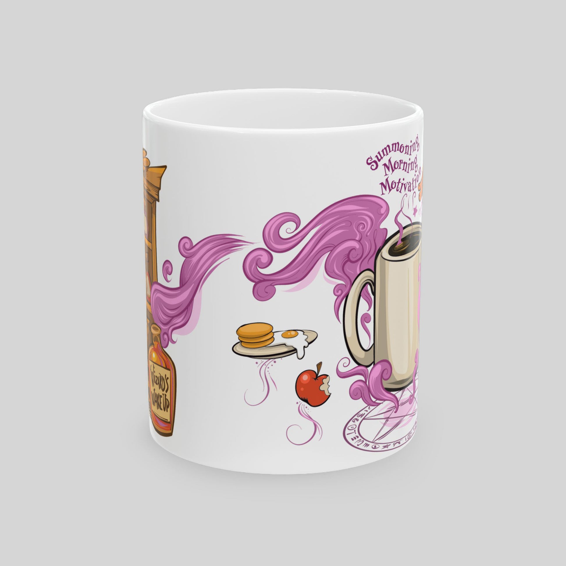 Front view of mug with warlock coffee summoning circle; pink steam with pancakes and eggs; text: “Summoning Morning Motivation”