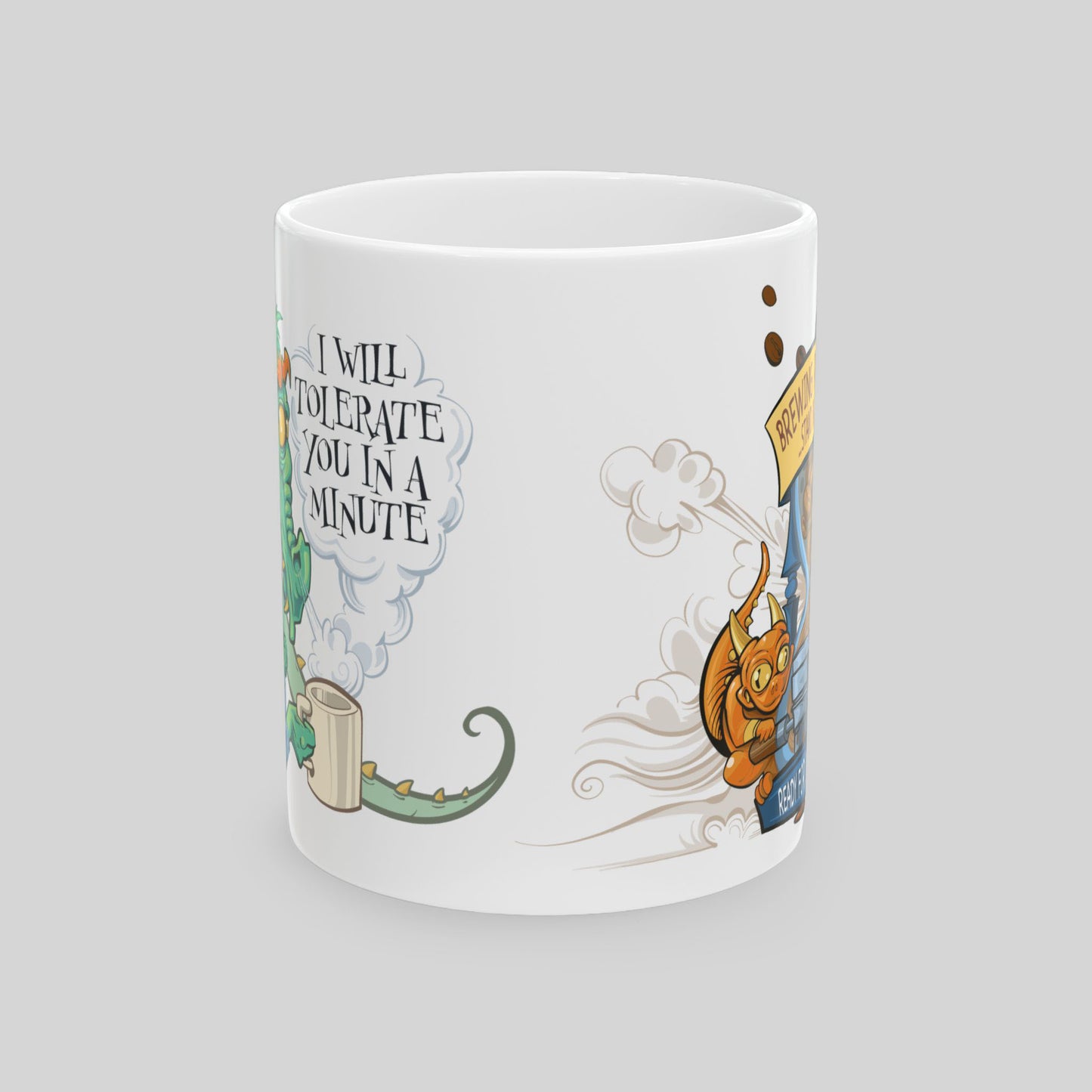 Mug with cartoon design and text on a gray background