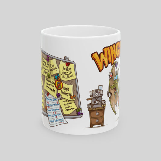 Mug with cartoon design featuring a bulletin board with fun dragon related post-it notes, on a gray background.